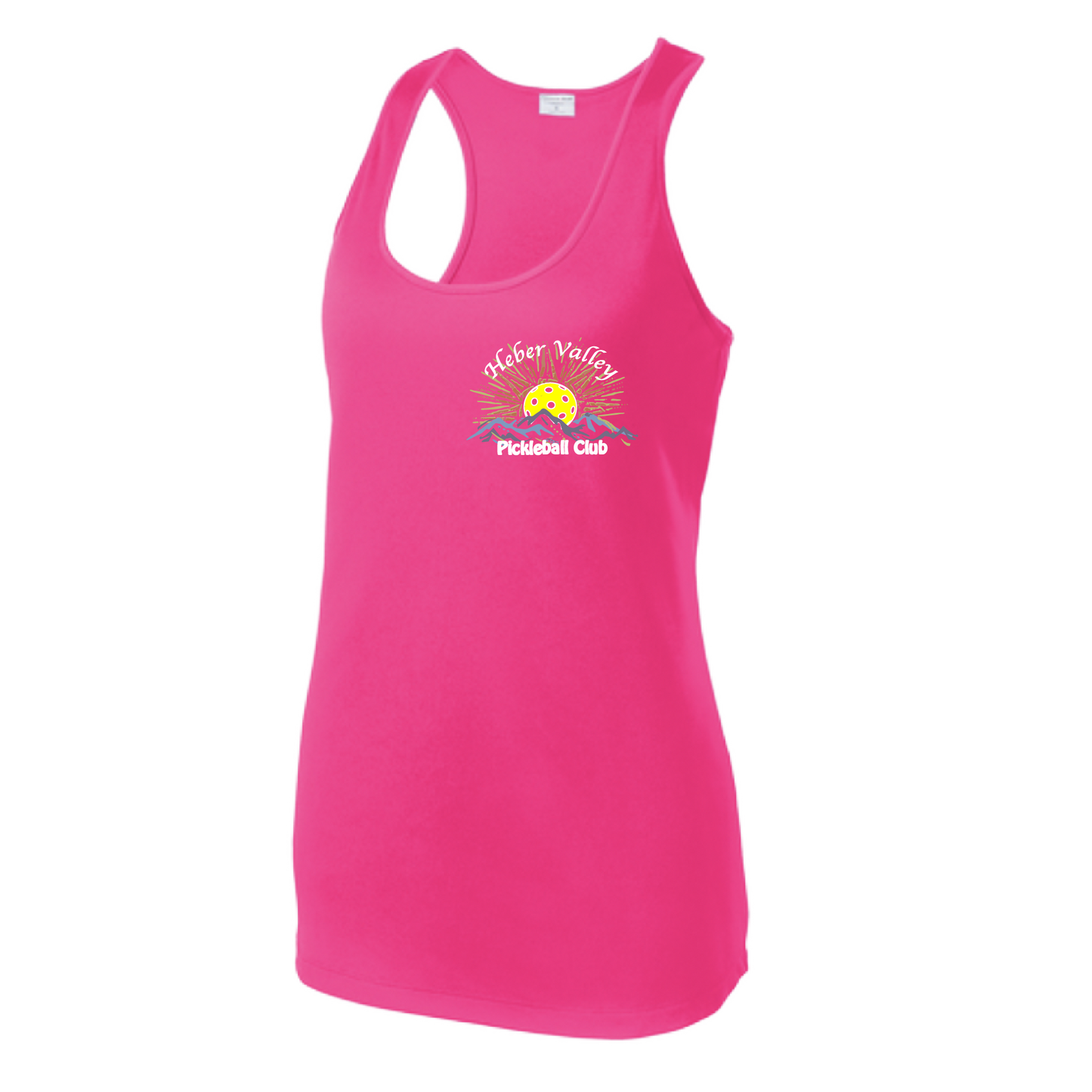 Pickleball Shirt Design: Heber Valley Pickleball Club Women's Style: Racerback Tank Turn up the volume in this Women's shirt with its perfect mix of softness and attitude. Material is ultra-comfortable with moisture wicking properties and tri-blend softness. PosiCharge technology locks in color. Highly breathable and lightweight.