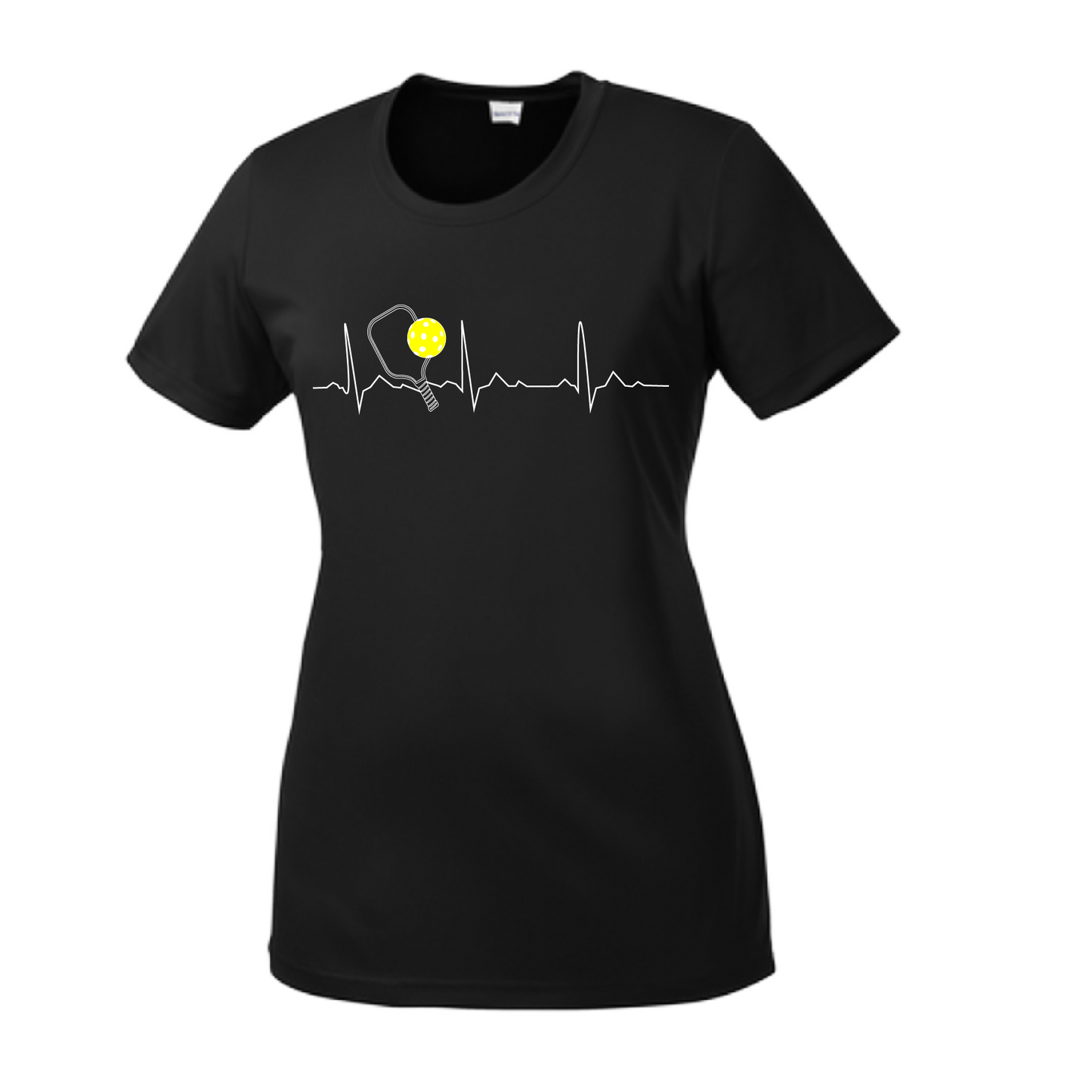 Pickleball Design: Heartbeat Women's Style: Short Sleeve Crew-Neck Turn up the volume in this Women's shirt with its perfect mix of softness and attitude. Material is ultra-comfortable with moisture wicking properties and tri-blend softness. PosiCharge technology locks in color. Highly breathable and lightweight.