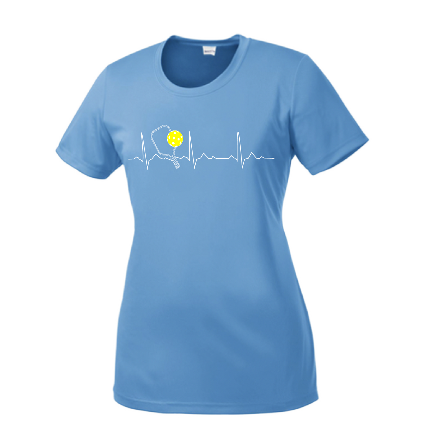 Pickleball Design: Heartbeat Women's Style: Short Sleeve Crew-Neck Turn up the volume in this Women's shirt with its perfect mix of softness and attitude. Material is ultra-comfortable with moisture wicking properties and tri-blend softness. PosiCharge technology locks in color. Highly breathable and lightweight.