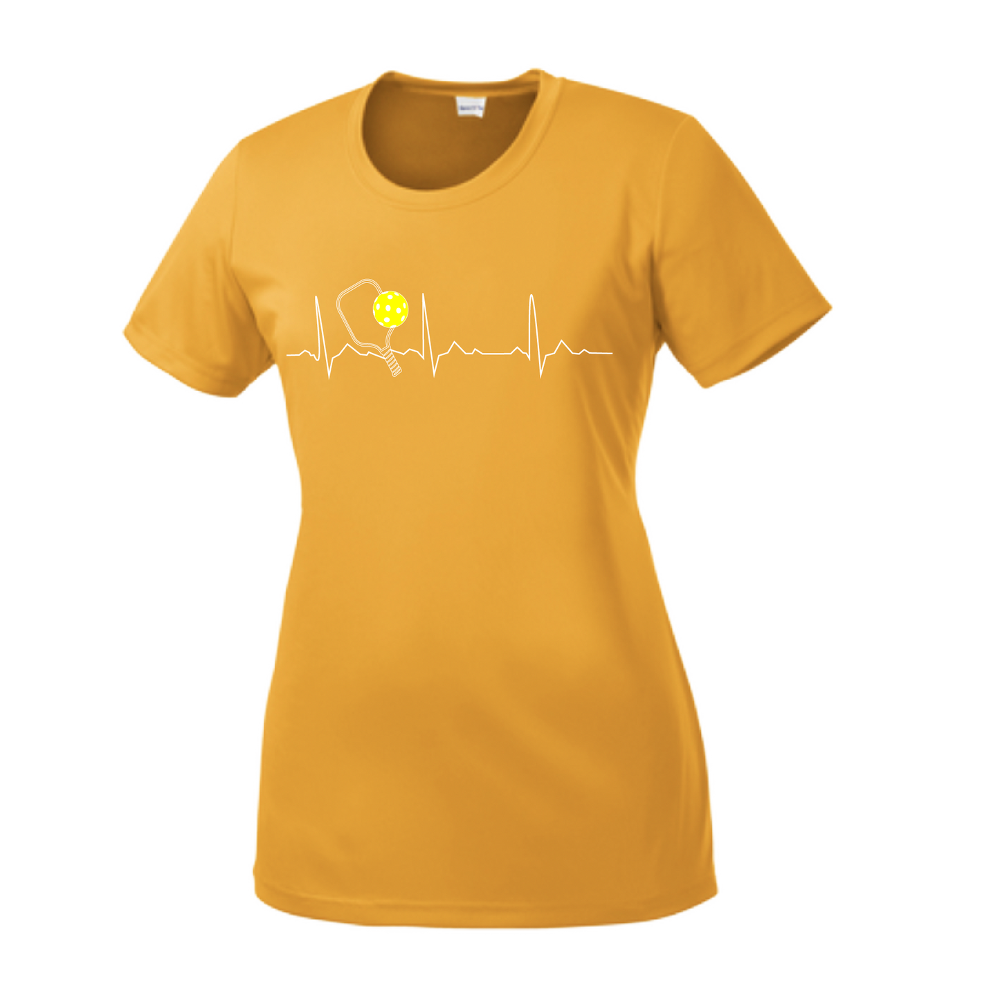 Pickleball Design: Heartbeat Women's Style: Short Sleeve Crew-Neck Turn up the volume in this Women's shirt with its perfect mix of softness and attitude. Material is ultra-comfortable with moisture wicking properties and tri-blend softness. PosiCharge technology locks in color. Highly breathable and lightweight.