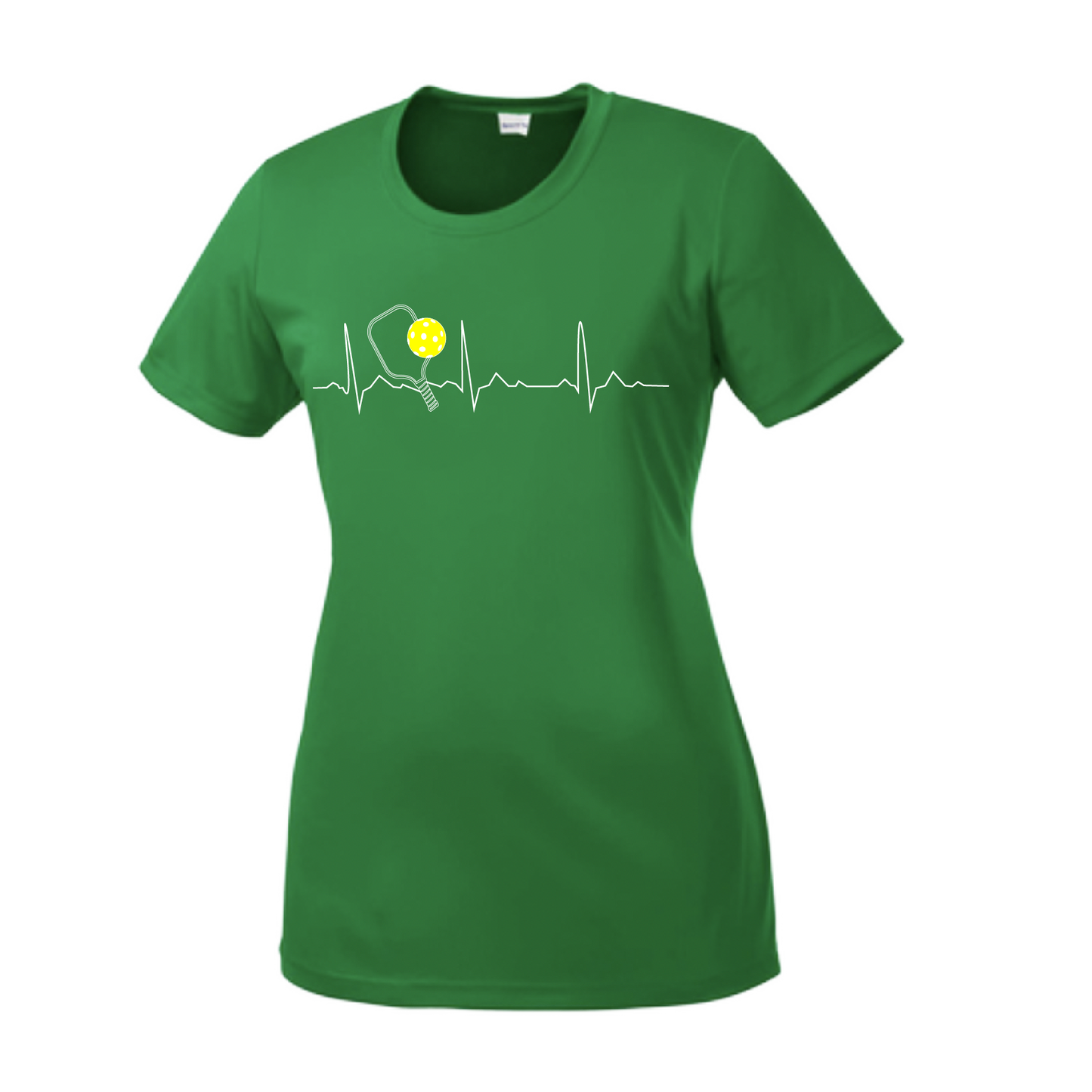 Pickleball Design: Heartbeat Women's Style: Short Sleeve Crew-Neck Turn up the volume in this Women's shirt with its perfect mix of softness and attitude. Material is ultra-comfortable with moisture wicking properties and tri-blend softness. PosiCharge technology locks in color. Highly breathable and lightweight.
