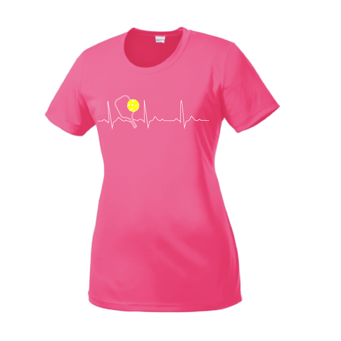 Pickleball Design: Heartbeat Women's Style: Short Sleeve Crew-Neck Turn up the volume in this Women's shirt with its perfect mix of softness and attitude. Material is ultra-comfortable with moisture wicking properties and tri-blend softness. PosiCharge technology locks in color. Highly breathable and lightweight.