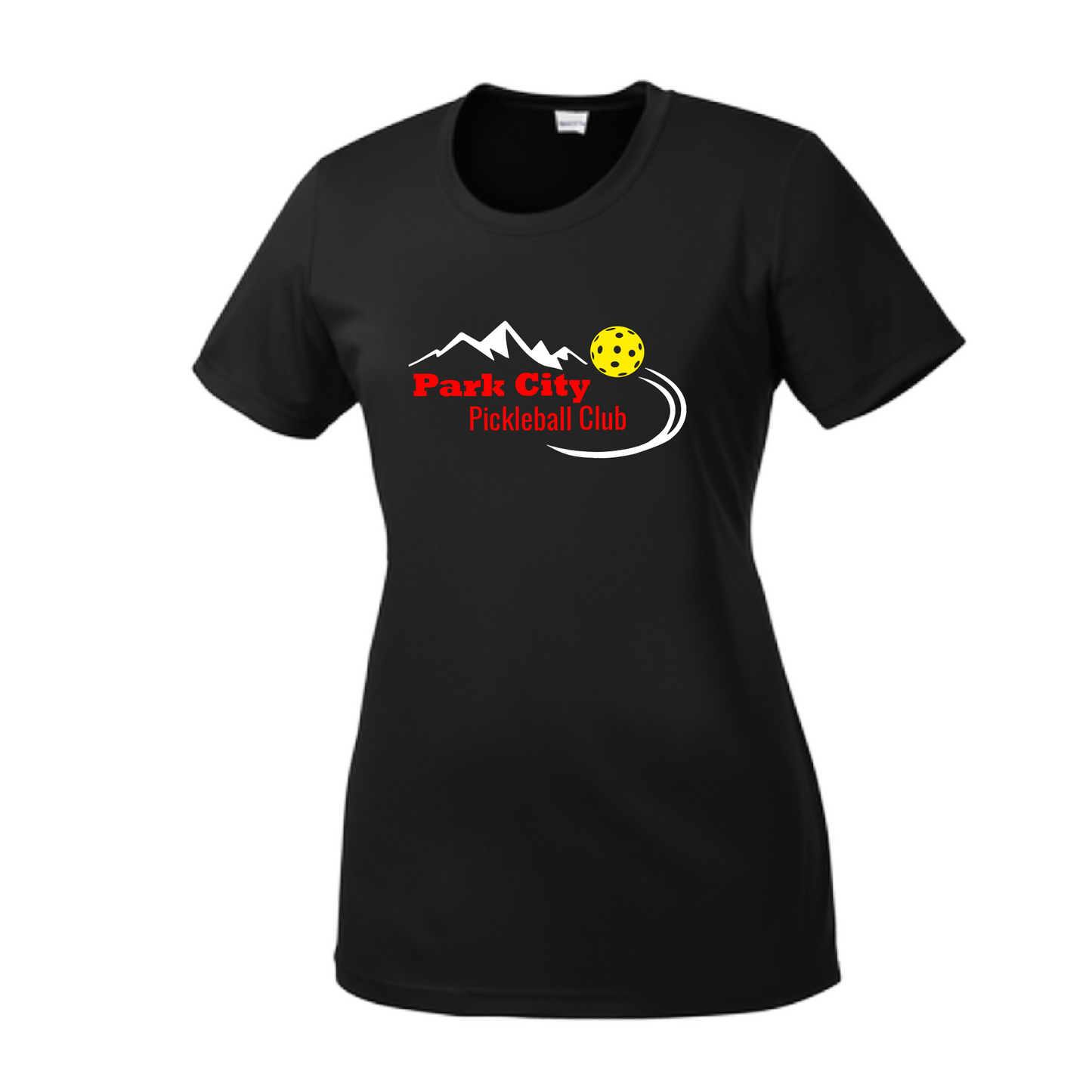 Pickleball Design: Park City Pickleball Club (red words) Women's Style: Short-Sleeve Crew-Neck Shirts are lightweight, roomy and highly breathable. These moisture-wicking shirts are designed for athletic performance. They feature PosiCharge technology to lock in color and prevent logos from fading. Removable tag and set-in sleeves for comfort.