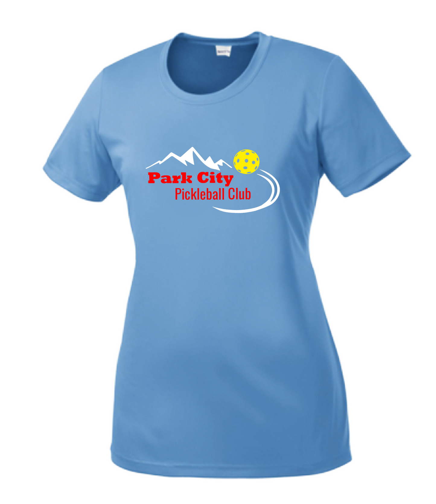 Pickleball Design: Park City Pickleball Club (red words) Women's Style: Short-Sleeve Crew-Neck Shirts are lightweight, roomy and highly breathable. These moisture-wicking shirts are designed for athletic performance. They feature PosiCharge technology to lock in color and prevent logos from fading. Removable tag and set-in sleeves for comfort.