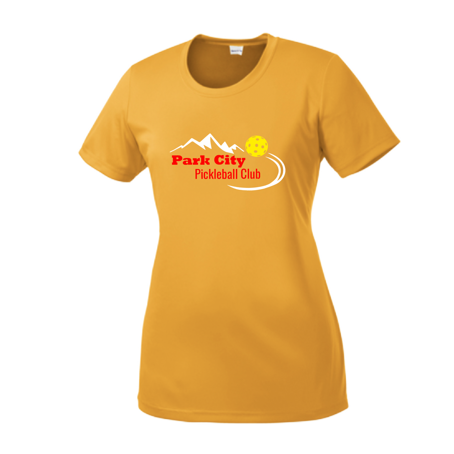 Pickleball Design: Park City Pickleball Club (red words) Women's Style: Short-Sleeve Crew-Neck Shirts are lightweight, roomy and highly breathable. These moisture-wicking shirts are designed for athletic performance. They feature PosiCharge technology to lock in color and prevent logos from fading. Removable tag and set-in sleeves for comfort.