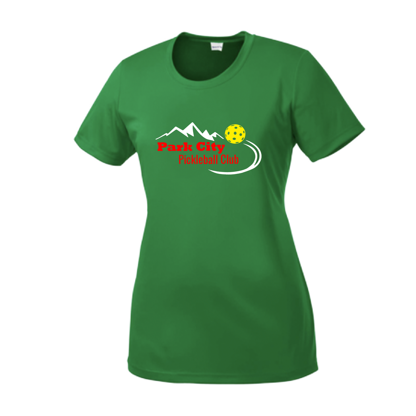 Pickleball Design: Park City Pickleball Club (red words) Women's Style: Short-Sleeve Crew-Neck Shirts are lightweight, roomy and highly breathable. These moisture-wicking shirts are designed for athletic performance. They feature PosiCharge technology to lock in color and prevent logos from fading. Removable tag and set-in sleeves for comfort.