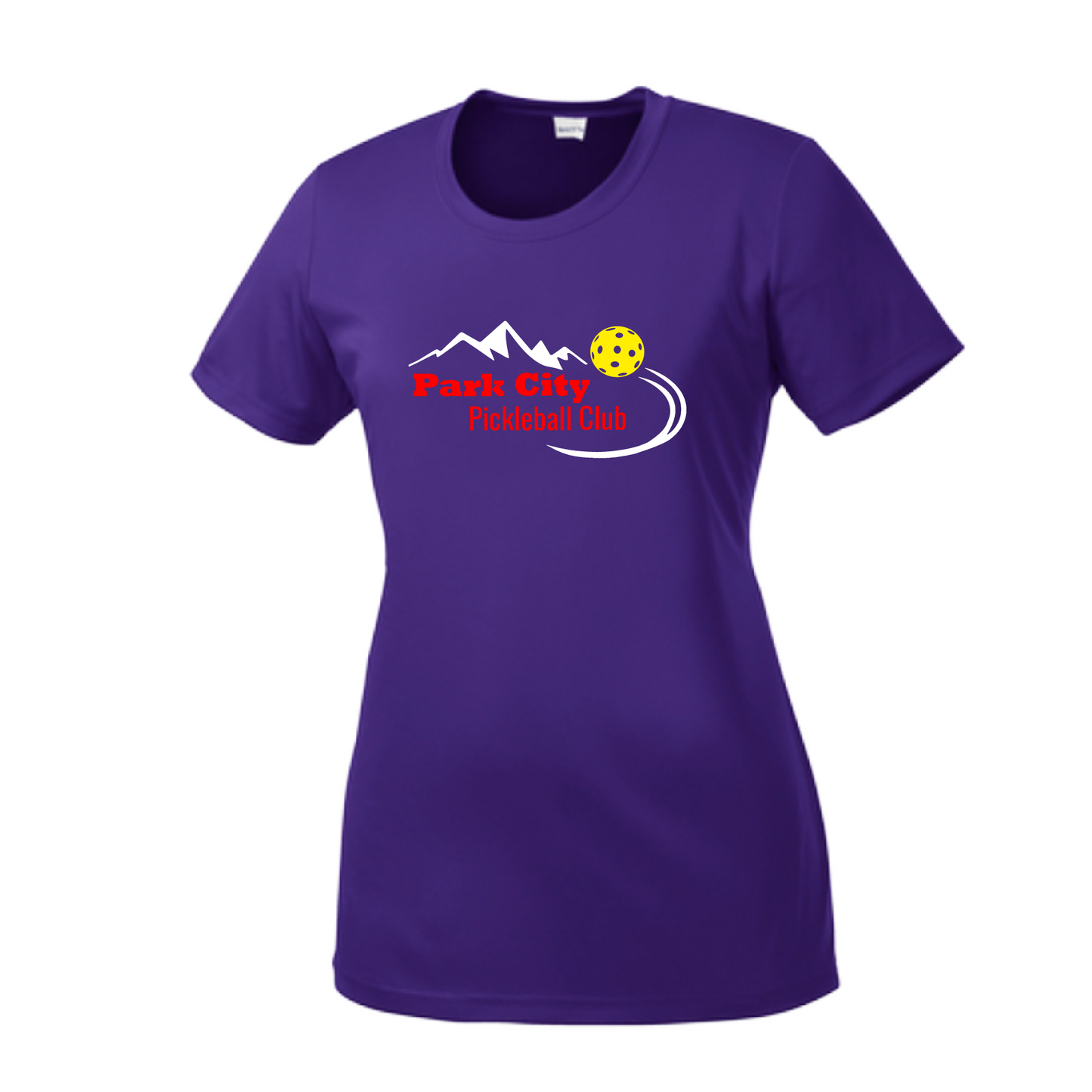 Pickleball Design: Park City Pickleball Club (red words) Women's Style: Short-Sleeve Crew-Neck Shirts are lightweight, roomy and highly breathable. These moisture-wicking shirts are designed for athletic performance. They feature PosiCharge technology to lock in color and prevent logos from fading. Removable tag and set-in sleeves for comfort.