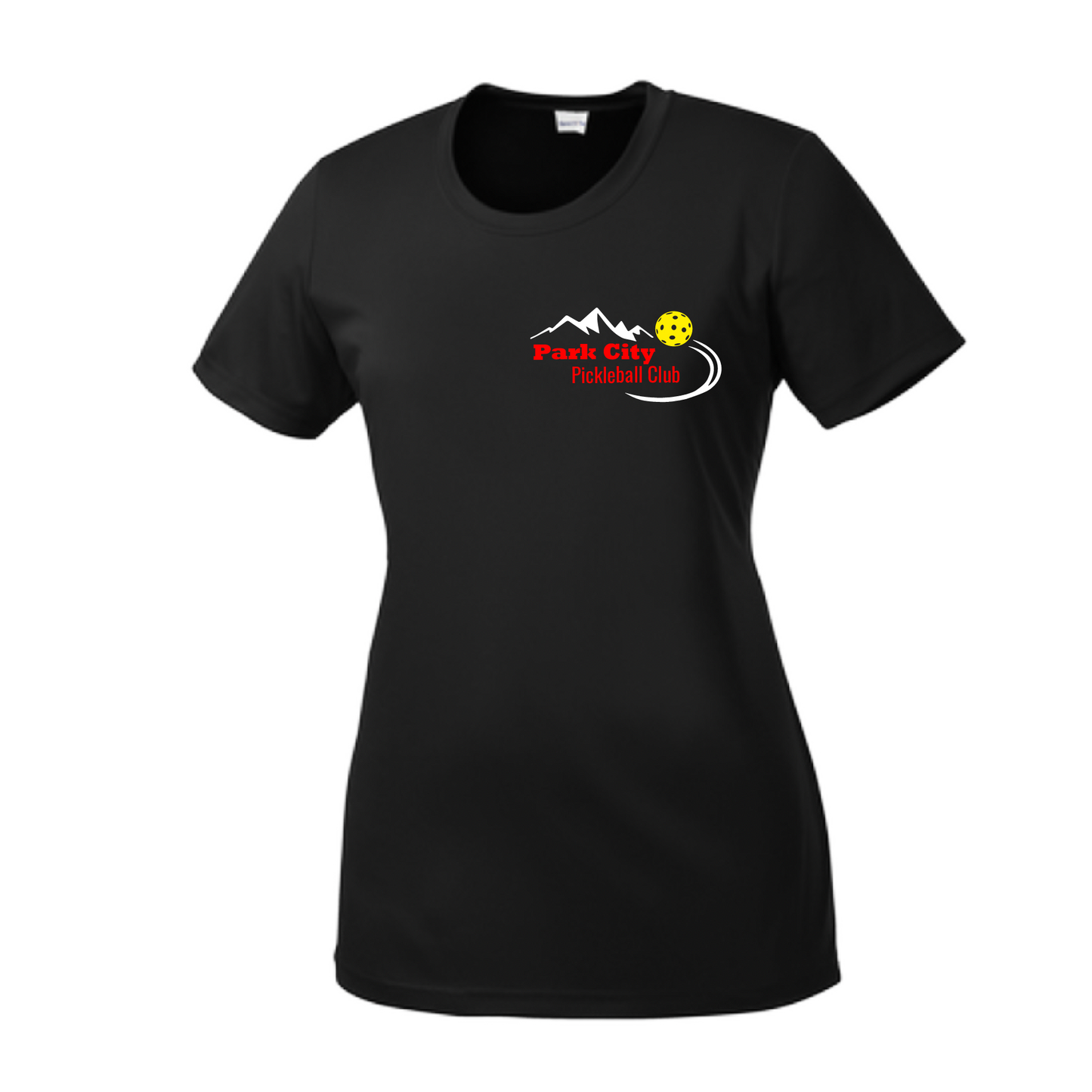 Pickleball Design: Park City Pickleball Club (red words) Women's Style: Short-Sleeve Crew-Neck Shirts are lightweight, roomy and highly breathable. These moisture-wicking shirts are designed for athletic performance. They feature PosiCharge technology to lock in color and prevent logos from fading. Removable tag and set-in sleeves for comfort.