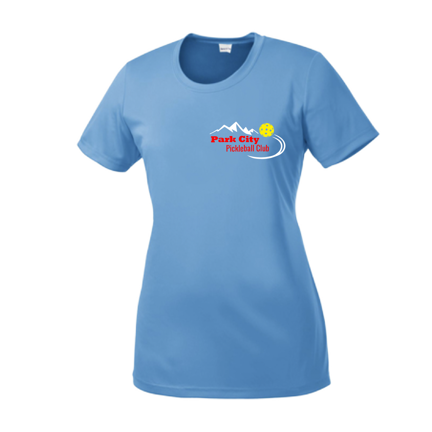 Pickleball Design: Park City Pickleball Club (red words) Women's Style: Short-Sleeve Crew-Neck Shirts are lightweight, roomy and highly breathable. These moisture-wicking shirts are designed for athletic performance. They feature PosiCharge technology to lock in color and prevent logos from fading. Removable tag and set-in sleeves for comfort.