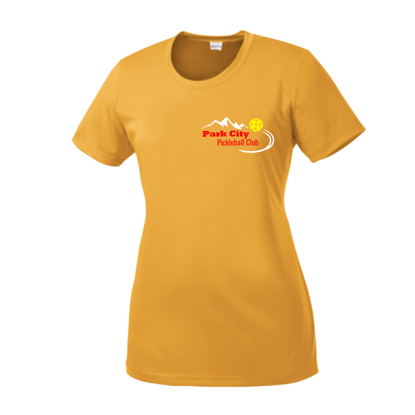 Pickleball Design: Park City Pickleball Club (red words) Women's Style: Short-Sleeve Crew-Neck Shirts are lightweight, roomy and highly breathable. These moisture-wicking shirts are designed for athletic performance. They feature PosiCharge technology to lock in color and prevent logos from fading. Removable tag and set-in sleeves for comfort.