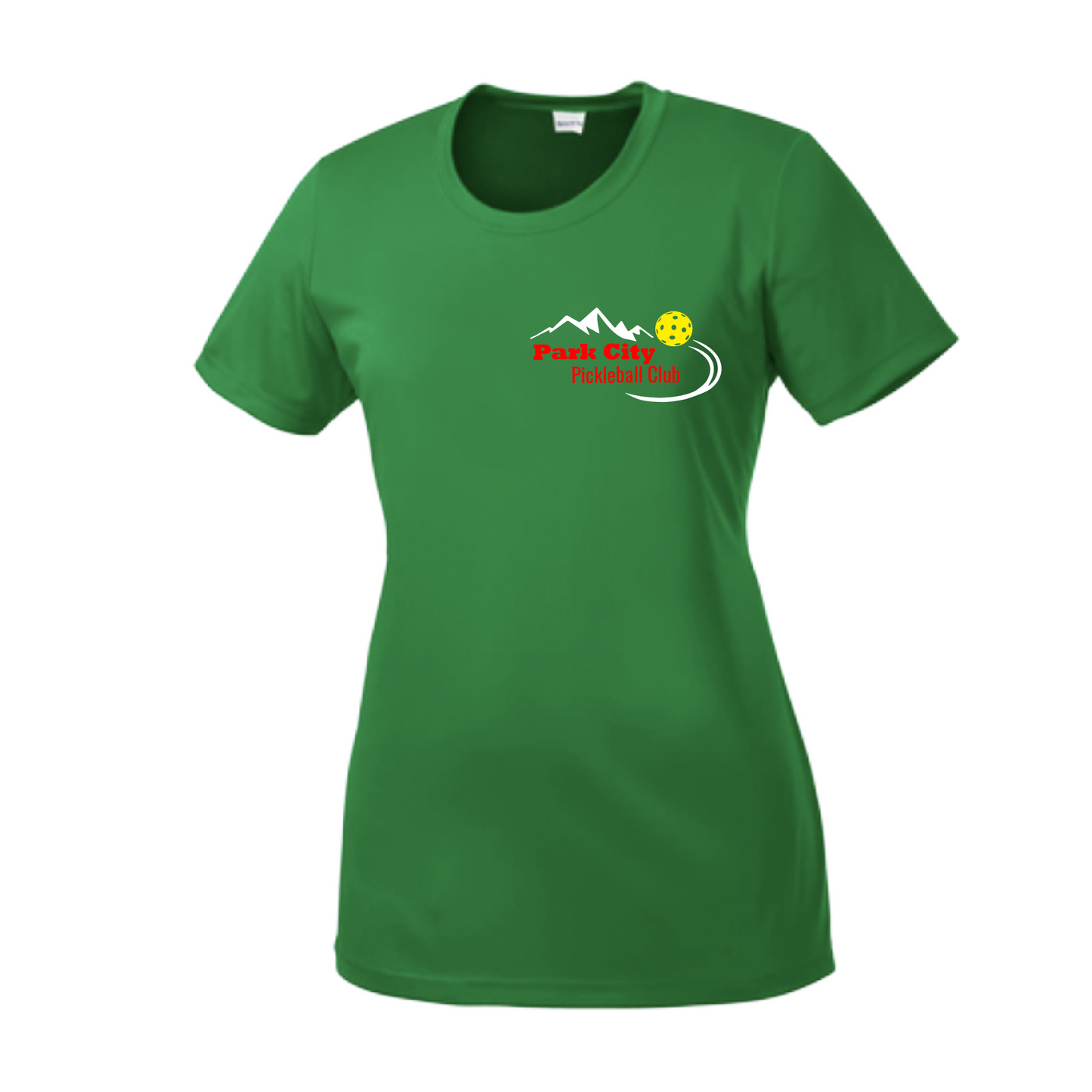 Pickleball Design: Park City Pickleball Club (red words) Women's Style: Short-Sleeve Crew-Neck Shirts are lightweight, roomy and highly breathable. These moisture-wicking shirts are designed for athletic performance. They feature PosiCharge technology to lock in color and prevent logos from fading. Removable tag and set-in sleeves for comfort.
