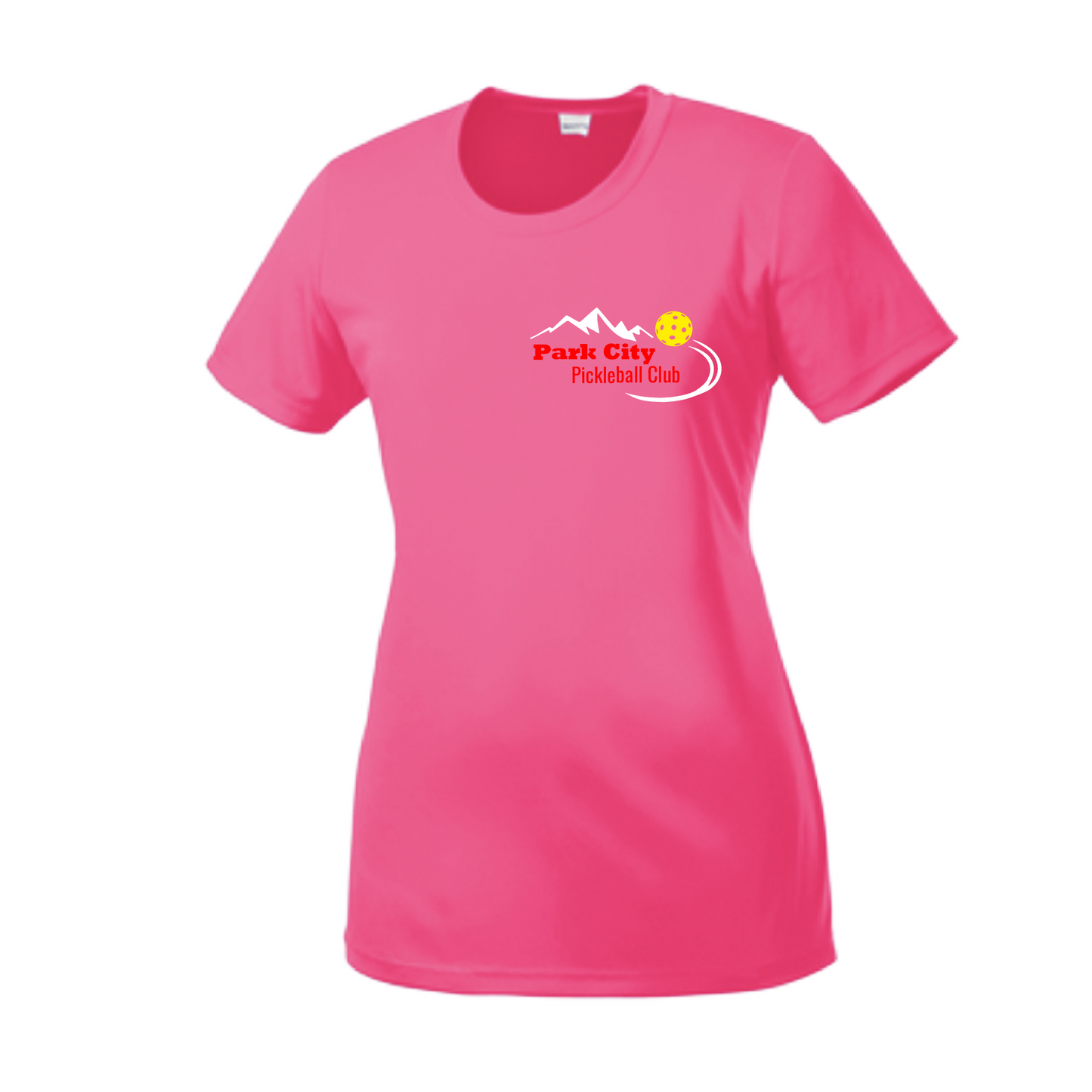 Pickleball Design: Park City Pickleball Club (red words) Women's Style: Short-Sleeve Crew-Neck Shirts are lightweight, roomy and highly breathable. These moisture-wicking shirts are designed for athletic performance. They feature PosiCharge technology to lock in color and prevent logos from fading. Removable tag and set-in sleeves for comfort.