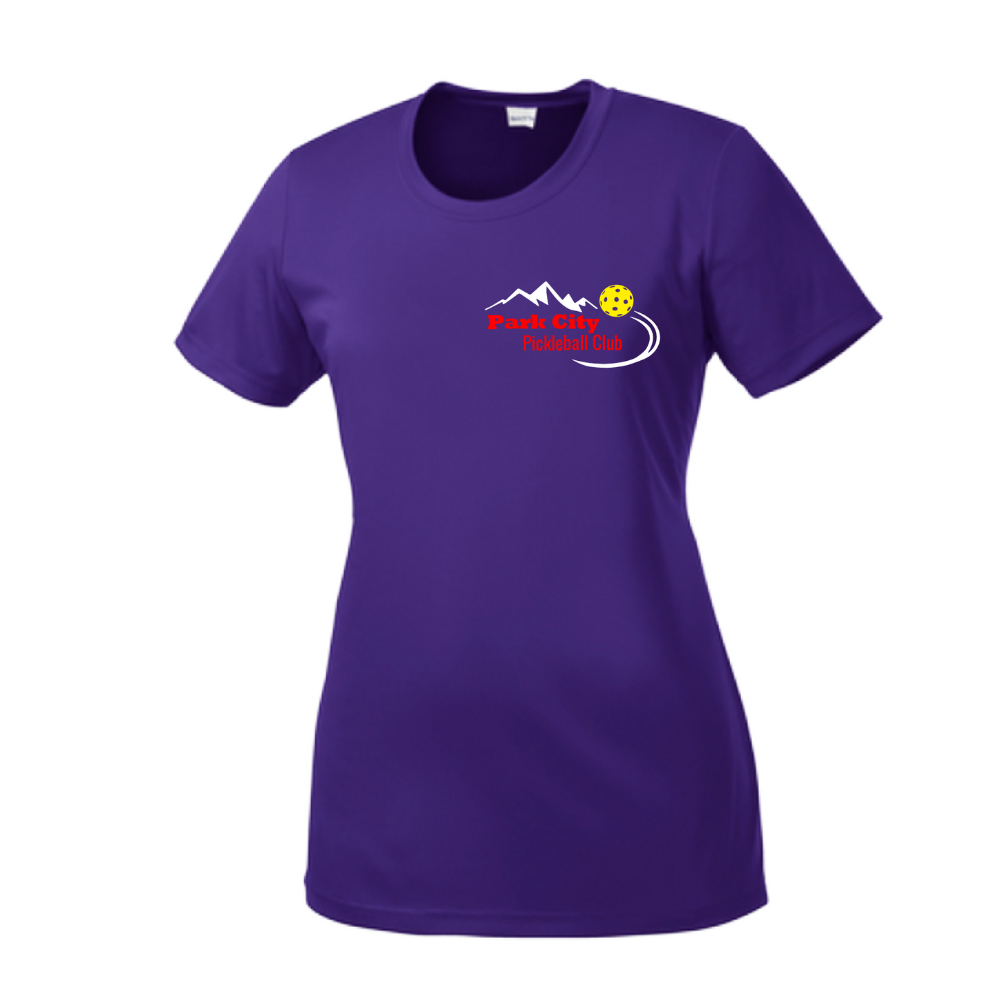 Pickleball Design: Park City Pickleball Club (red words) Women's Style: Short-Sleeve Crew-Neck Shirts are lightweight, roomy and highly breathable. These moisture-wicking shirts are designed for athletic performance. They feature PosiCharge technology to lock in color and prevent logos from fading. Removable tag and set-in sleeves for comfort.