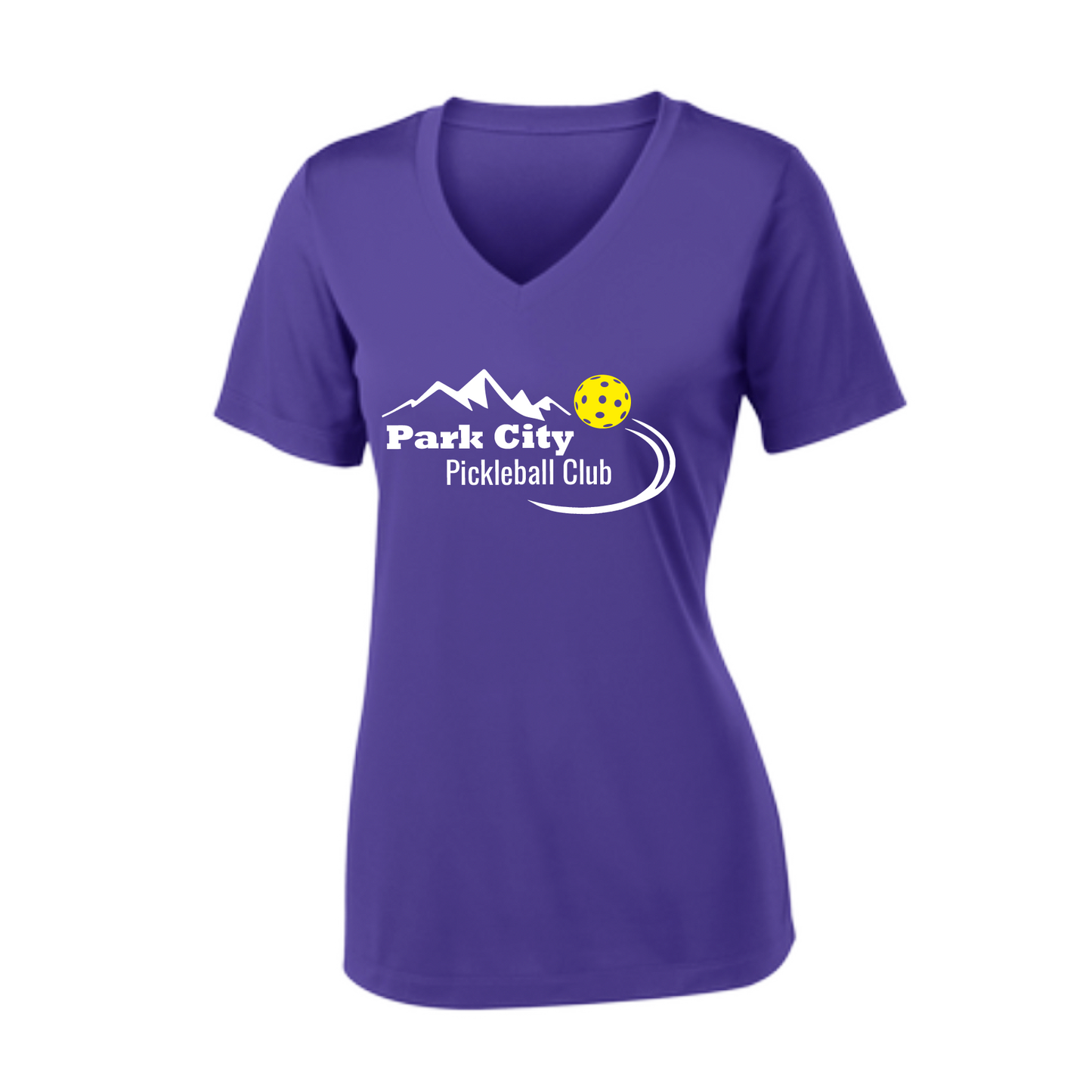 Pickleball Design: Park City Pickleball Club (white words) Women's Style: Short Sleeve V-Neck Turn up the volume in this Women's shirt with its perfect mix of softness and attitude. Material is ultra-comfortable with moisture wicking properties and tri-blend softness. PosiCharge technology locks in color. Highly breathable and lightweight.