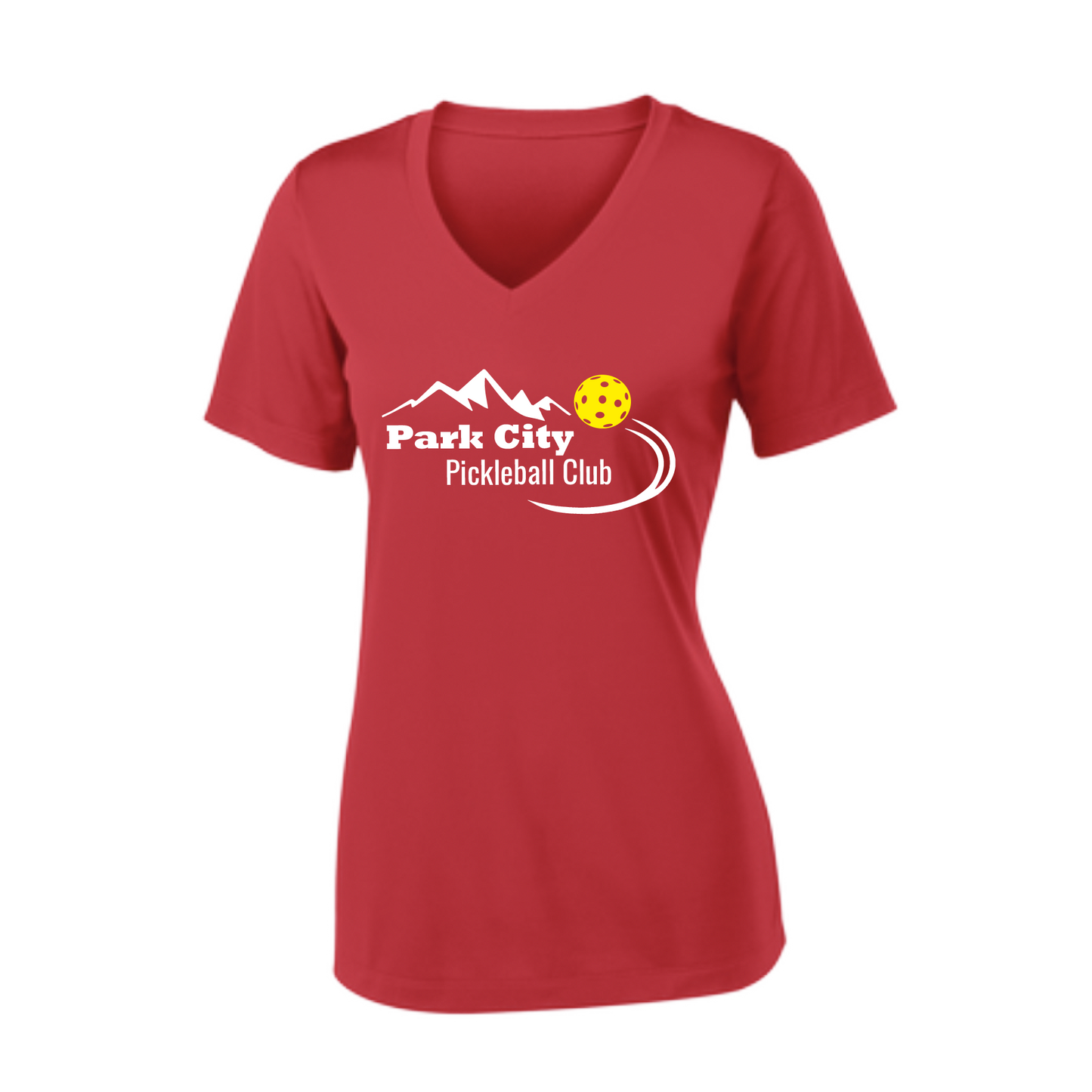 Pickleball Design: Park City Pickleball Club (white words) Women's Style: Short Sleeve V-Neck Turn up the volume in this Women's shirt with its perfect mix of softness and attitude. Material is ultra-comfortable with moisture wicking properties and tri-blend softness. PosiCharge technology locks in color. Highly breathable and lightweight.