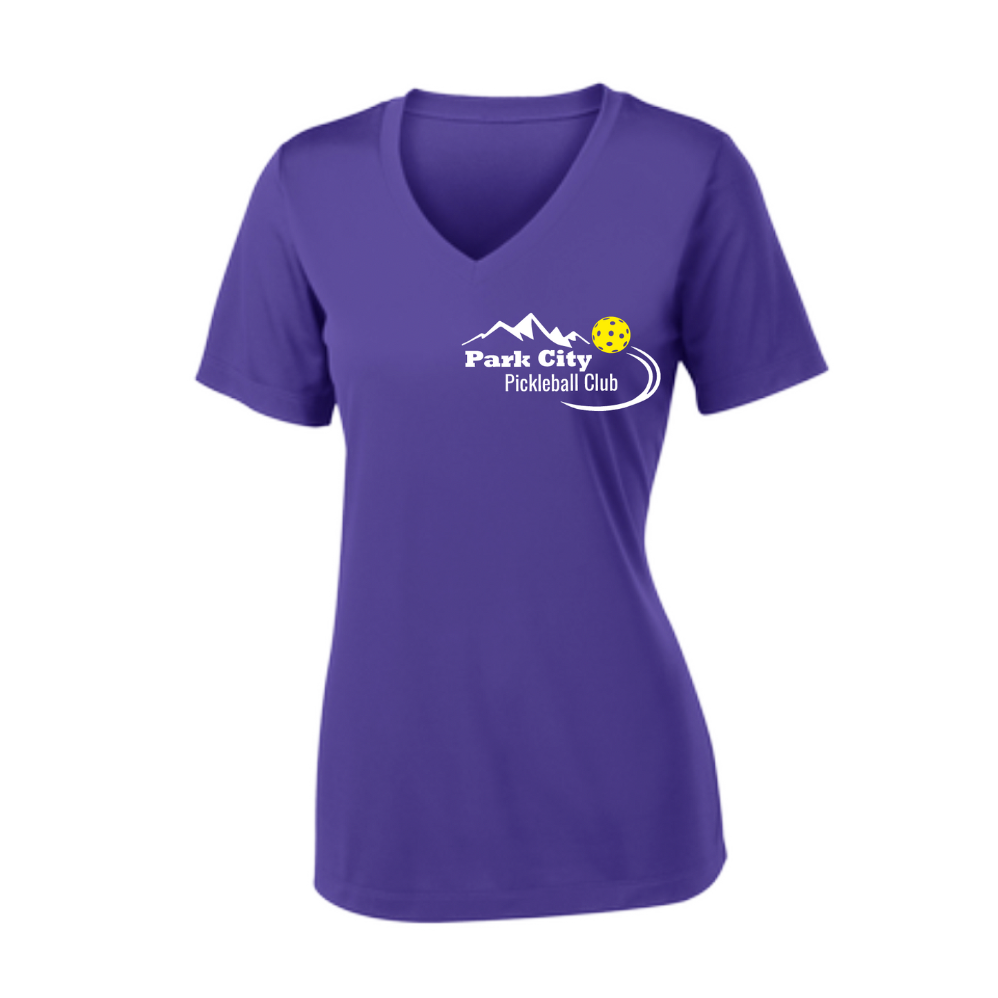Pickleball Design: Park City Pickleball Club (white words) Women's Style: Short Sleeve V-Neck Turn up the volume in this Women's shirt with its perfect mix of softness and attitude. Material is ultra-comfortable with moisture wicking properties and tri-blend softness. PosiCharge technology locks in color. Highly breathable and lightweight.