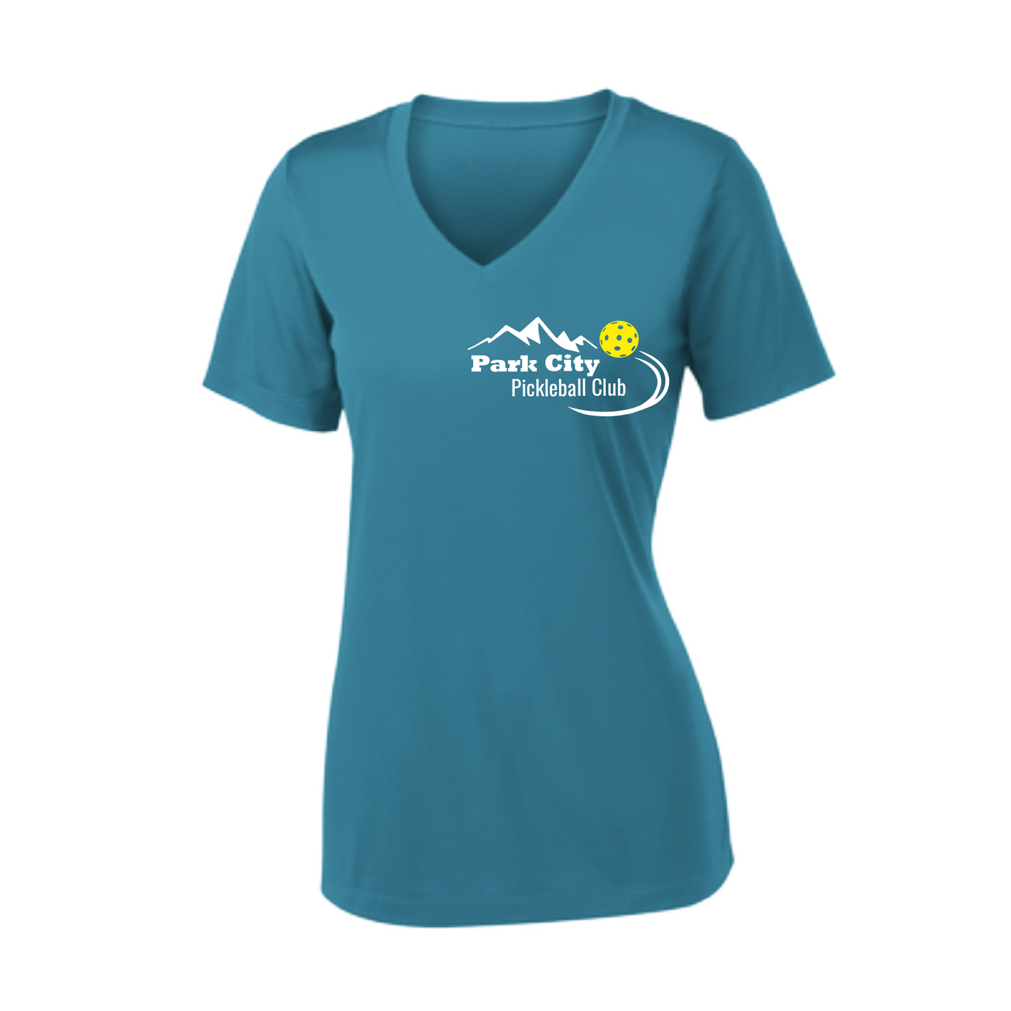 Pickleball Design: Park City Pickleball Club (white words) Women's Style: Short Sleeve V-Neck Turn up the volume in this Women's shirt with its perfect mix of softness and attitude. Material is ultra-comfortable with moisture wicking properties and tri-blend softness. PosiCharge technology locks in color. Highly breathable and lightweight.