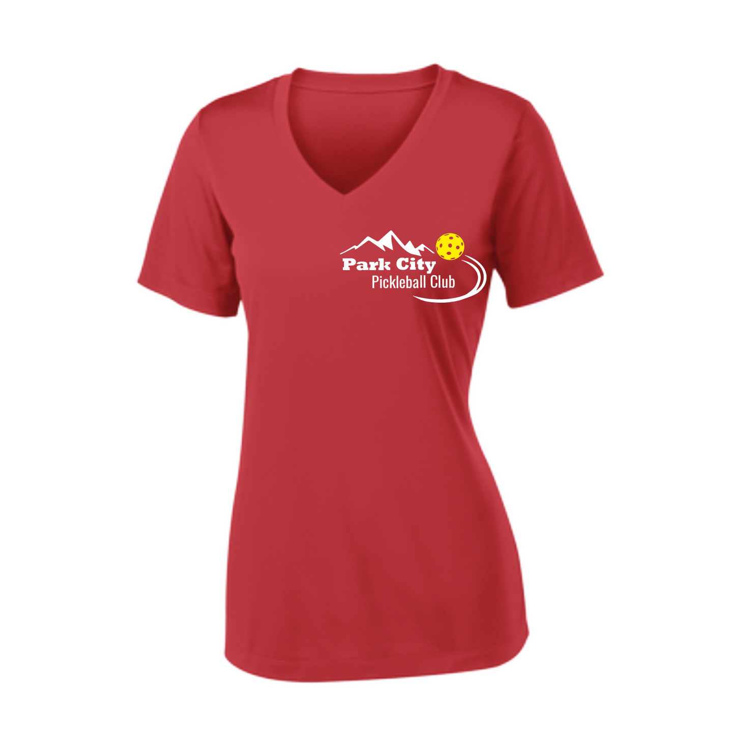 Pickleball Design: Park City Pickleball Club (white words) Women's Style: Short Sleeve V-Neck Turn up the volume in this Women's shirt with its perfect mix of softness and attitude. Material is ultra-comfortable with moisture wicking properties and tri-blend softness. PosiCharge technology locks in color. Highly breathable and lightweight.