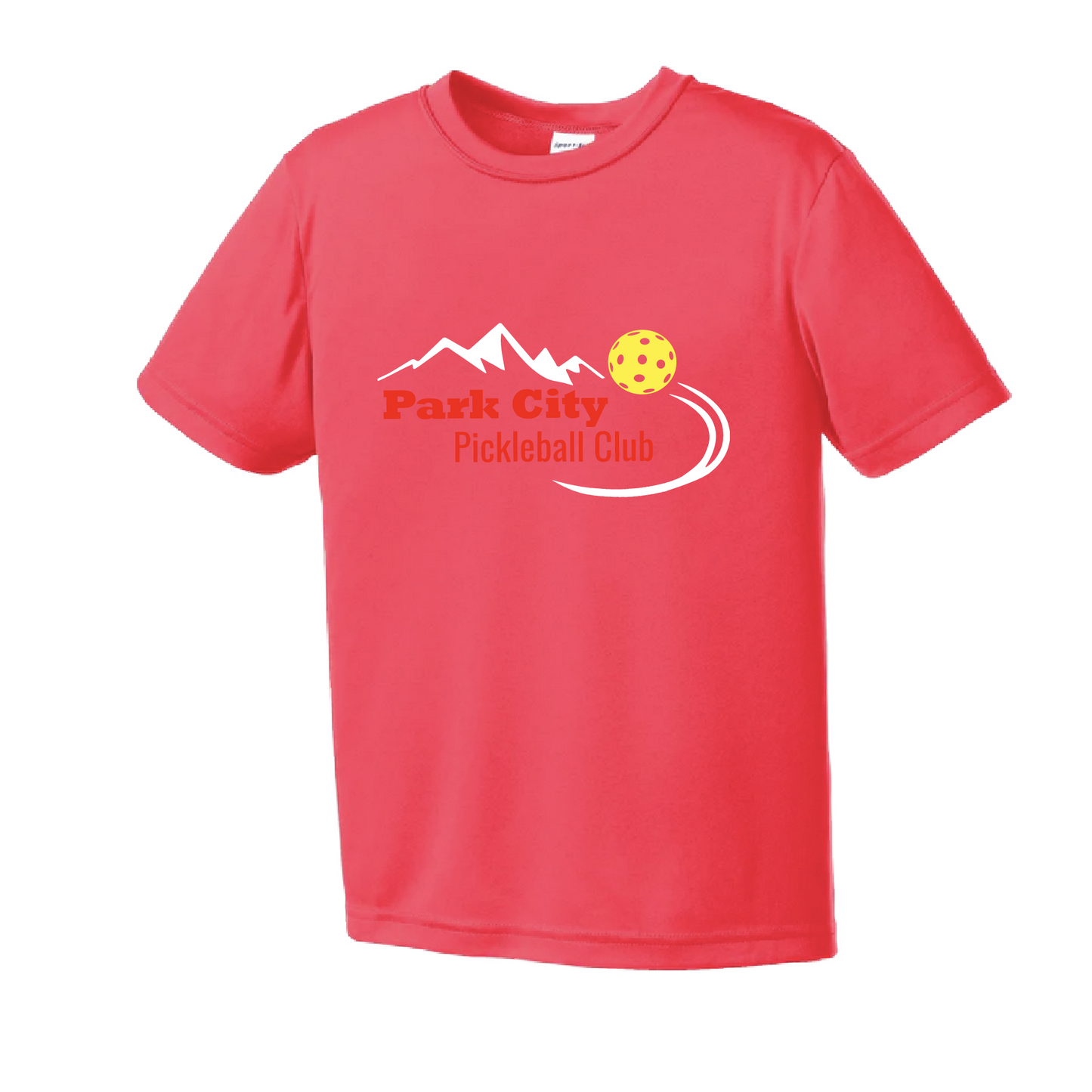 Pickleball Design:Park City Pickleball Club (Red Words) Youth Style: Short Sleeve Shirts are lightweight, roomy and highly breathable. These moisture-wicking shirts are designed for athletic performance. They feature PosiCharge technology to lock in color and prevent logos from fading. Removable tag and set-in sleeves for comfort.