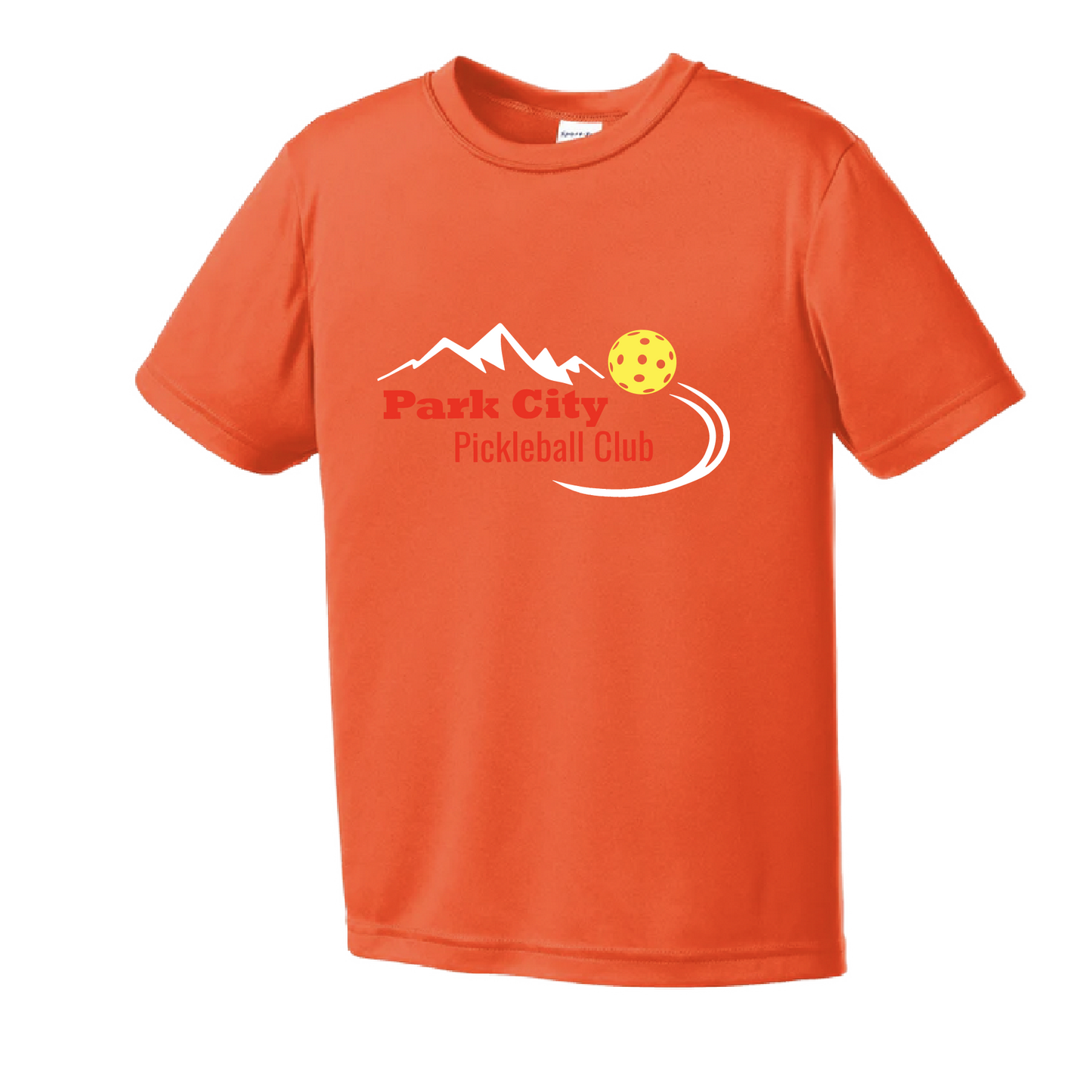 Pickleball Design:Park City Pickleball Club (Red Words) Youth Style: Short Sleeve Shirts are lightweight, roomy and highly breathable. These moisture-wicking shirts are designed for athletic performance. They feature PosiCharge technology to lock in color and prevent logos from fading. Removable tag and set-in sleeves for comfort.