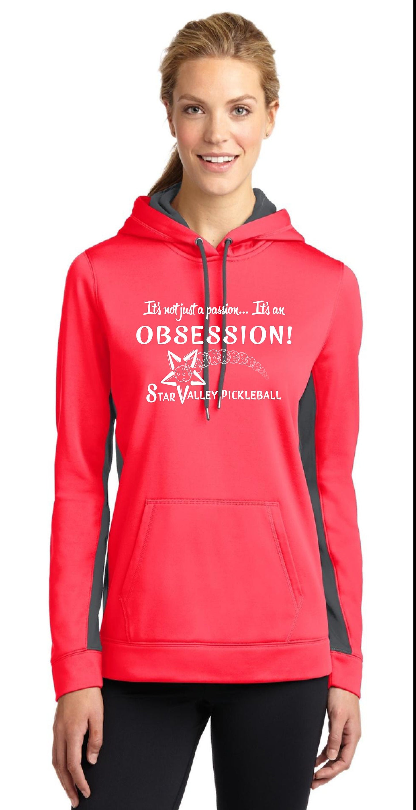 Star Valley Pickleball Tournament Sweatshirt - Women's Fitted Hoodie Sweatshirts for Pickleball Color: Hot Coral Pickleball is a one of a kind sport, and you need to have one of kind designs to stand out on the court. Dink Dink Smash offers those designs for you. Bold colorblocking in the hood and on the sides make this anti-static pullover stand out from the crowd, while Sport-Wick moisture-wicking technology helps keep you cool and dry.. Gently contoured silhouette.