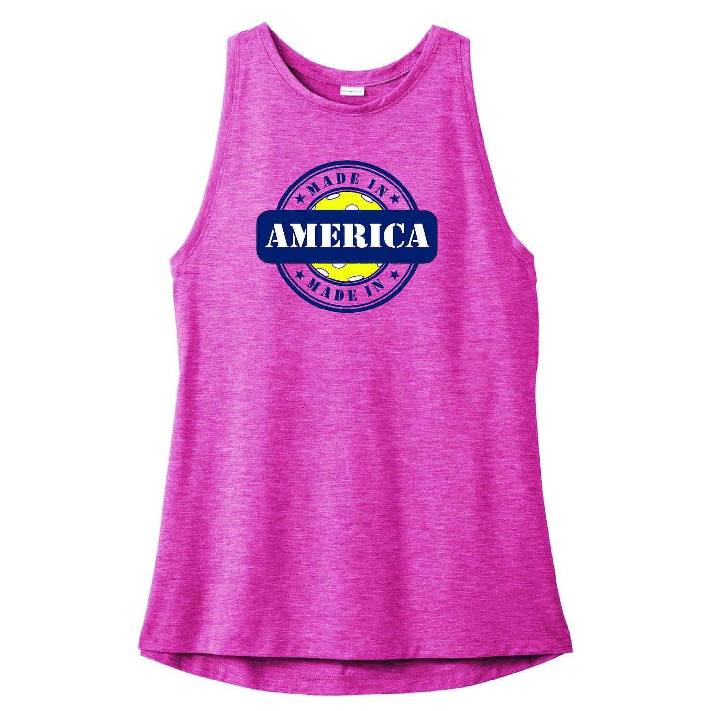 Made in America Pickleball - Women's Sleeveless Tank Shirt Soft and flowing tank top for Women pickleball players everywhere!! This ultra comfortable racerback tank combines moisture-wicking performance, unbeatable tri-blend softness and PosiCharge technology to lock in color. Gently contoured silhouette. Slight drop tail hem.