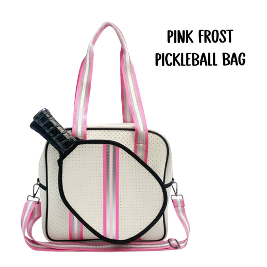 "Pink Frost" White and Pink/Silver Trim Pickleball Sports Bag (Free Customization) | Medium Size Court Bag