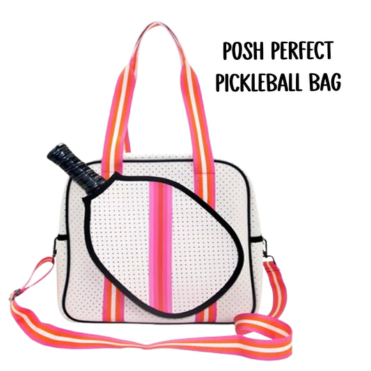 "Posh Perfect" White and Pink Pickleball Bag (Free Customization) | Pickleball Sports Bag | Medium Size Court Bag