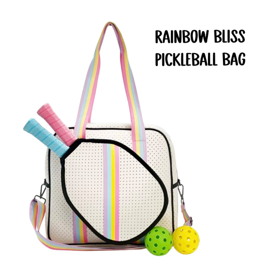 "Rainbow Bliss" White with Pink/Blue/Yellow Trim Pickleball Sports Bag (Free Customization) | Medium Size Court Bag
