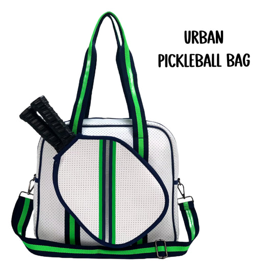 "Urban" White with Green/Blue Trim Pickleball Sports Bag (Free Customization) | Medium Size Court Bag