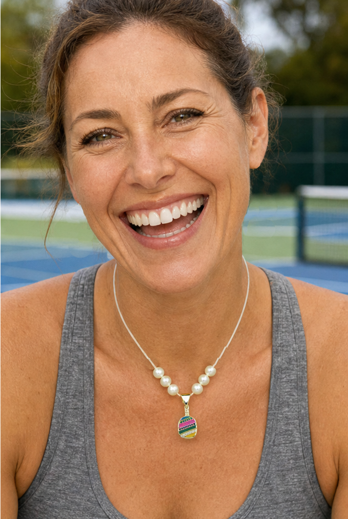 Pickelball Jewelry - Cubic Zirconia Pickleball Paddle Necklace And Earrings - Fun Pickleball Gifts