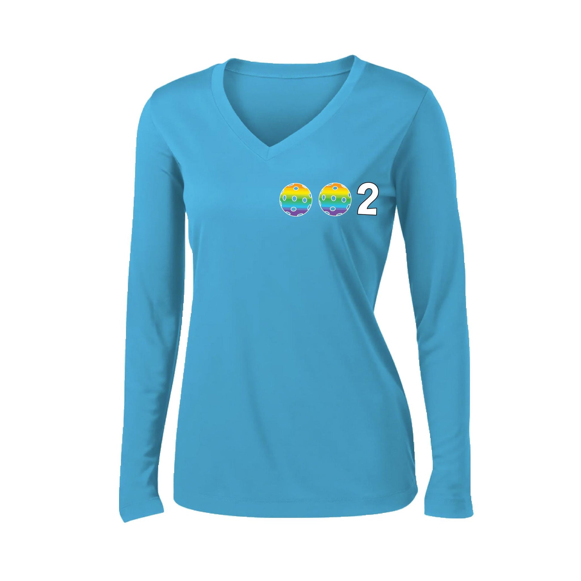002 With Pickleballs (Colors Cyan Purple Rainbow) Customizable | Women's Long Sleeve V-Neck Pickleball Performance T-Shirts | 100% Polyester
