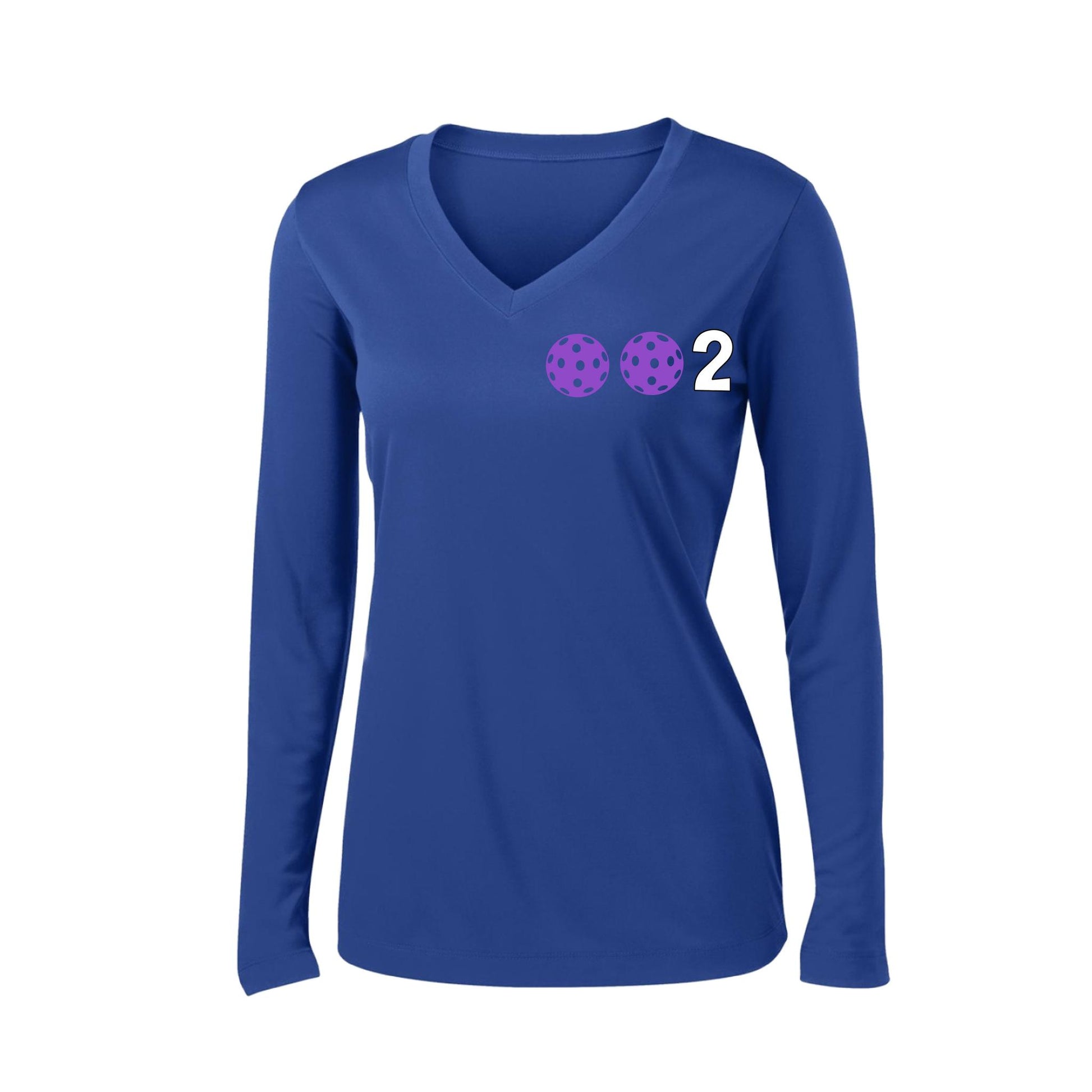 002 With Pickleballs (Colors Cyan Purple Rainbow) Customizable | Women's Long Sleeve V-Neck Pickleball Performance T-Shirts | 100% Polyester