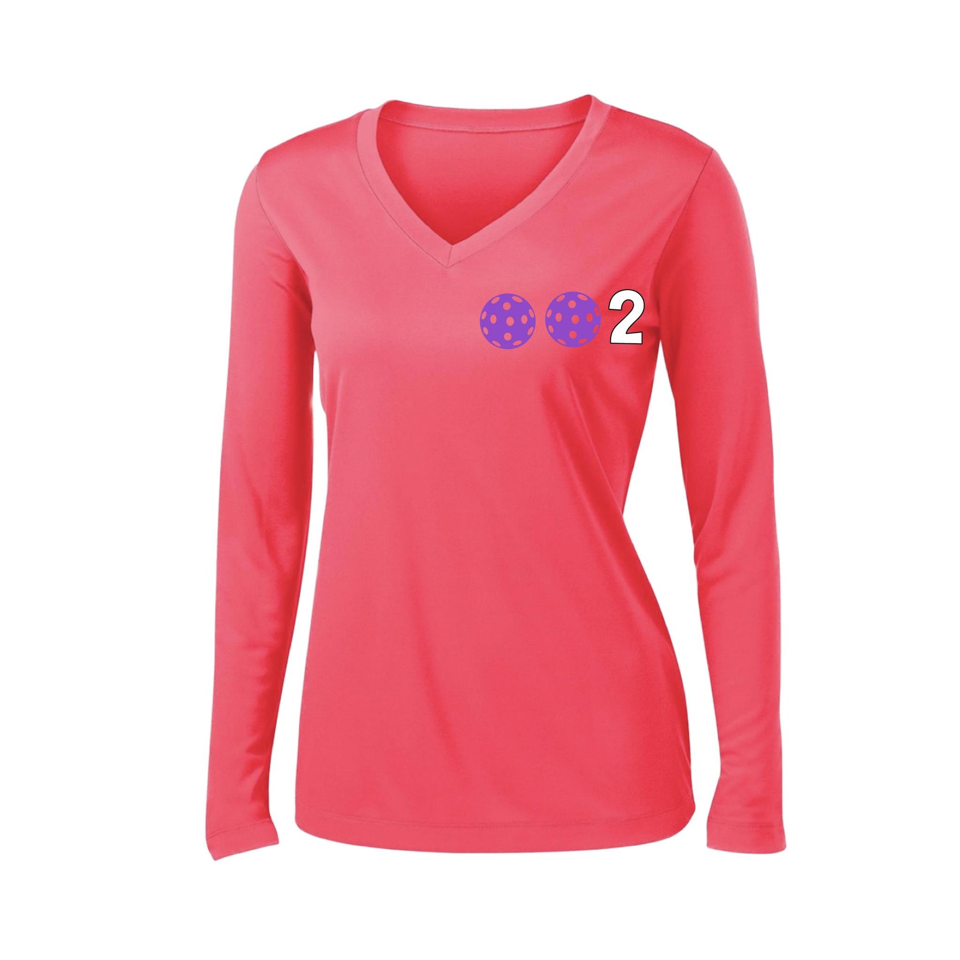 002 With Pickleballs (Colors Cyan Purple Rainbow) Customizable | Women's Long Sleeve V-Neck Pickleball Performance T-Shirts | 100% Polyester