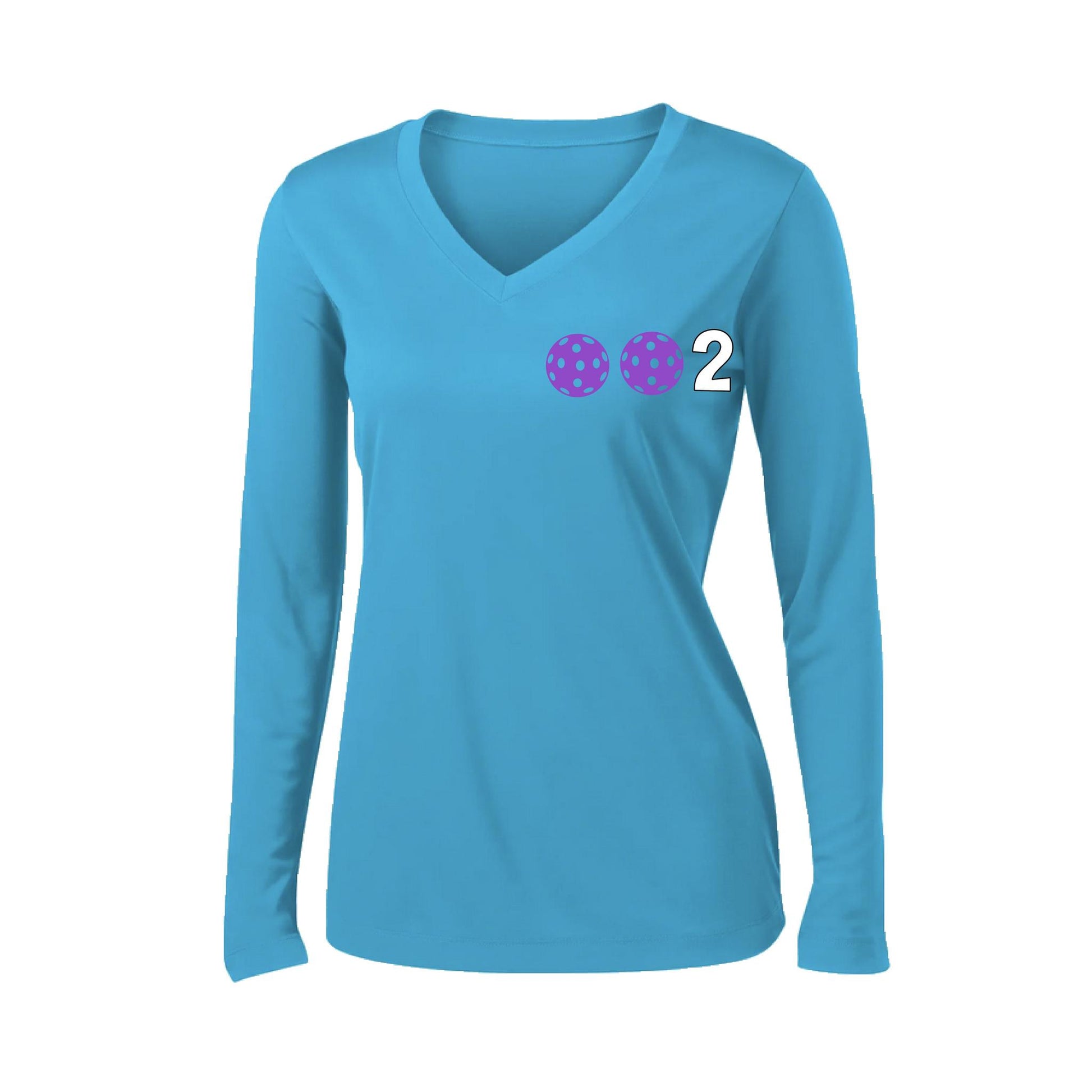 002 With Pickleballs (Colors Cyan Purple Rainbow) Customizable | Women's Long Sleeve V-Neck Pickleball Performance T-Shirts | 100% Polyester