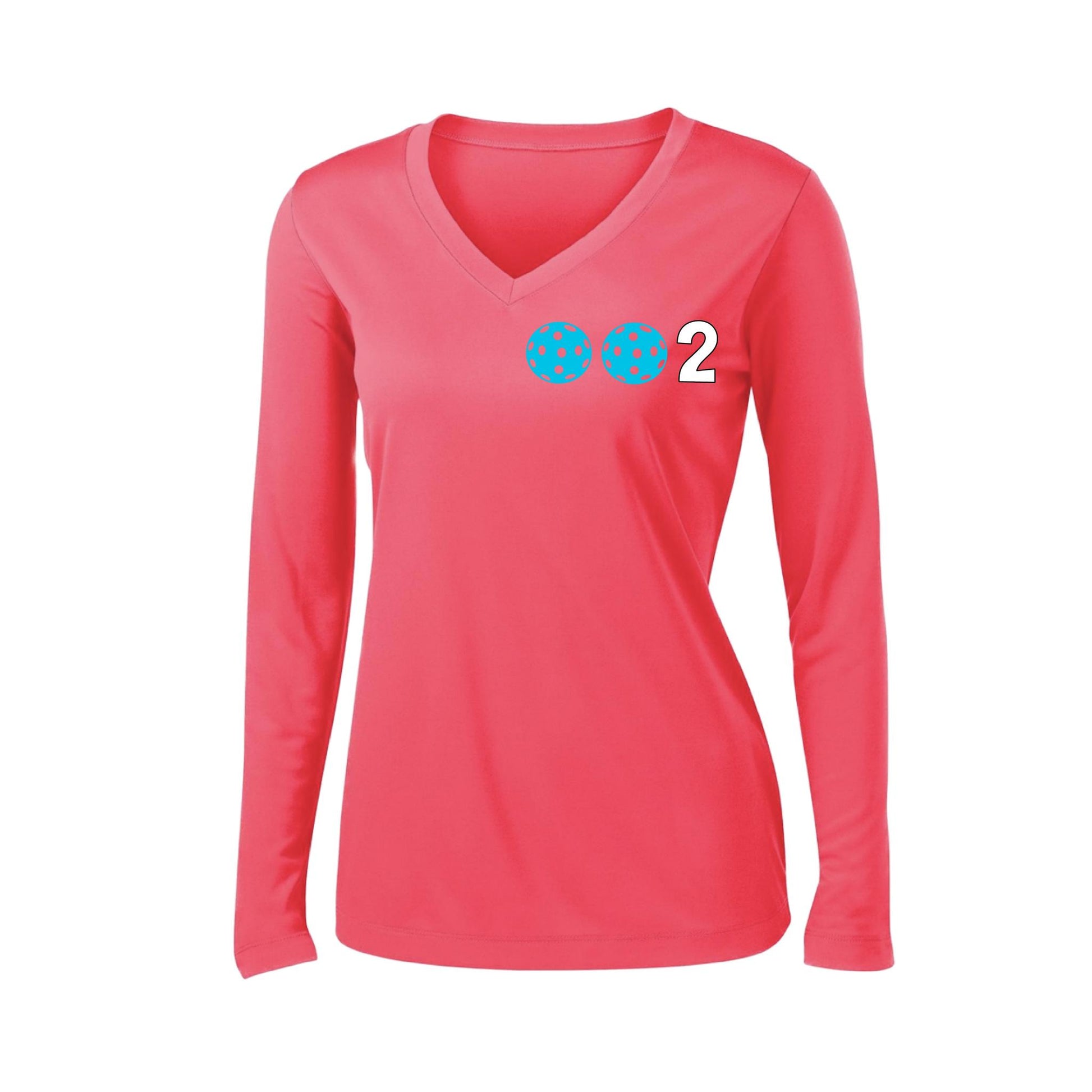 002 With Pickleballs (Colors Cyan Purple Rainbow) Customizable | Women's Long Sleeve V-Neck Pickleball Performance T-Shirts | 100% Polyester