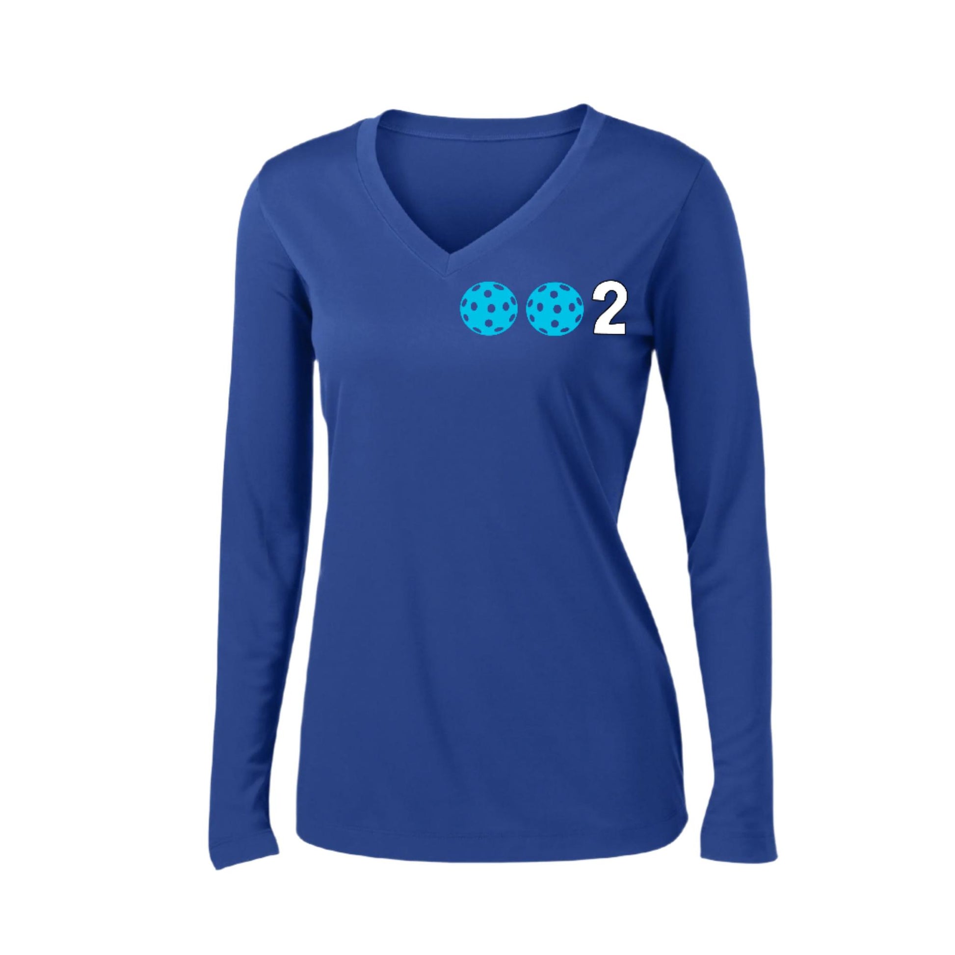 002 With Pickleballs (Colors Cyan Purple Rainbow) Customizable | Women's Long Sleeve V-Neck Pickleball Performance T-Shirts | 100% Polyester