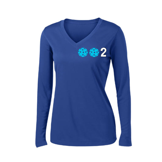 002 With Pickleballs (Colors Cyan Purple Rainbow) Customizable | Women's Long Sleeve V-Neck Pickleball Performance T-Shirts | 100% Polyester