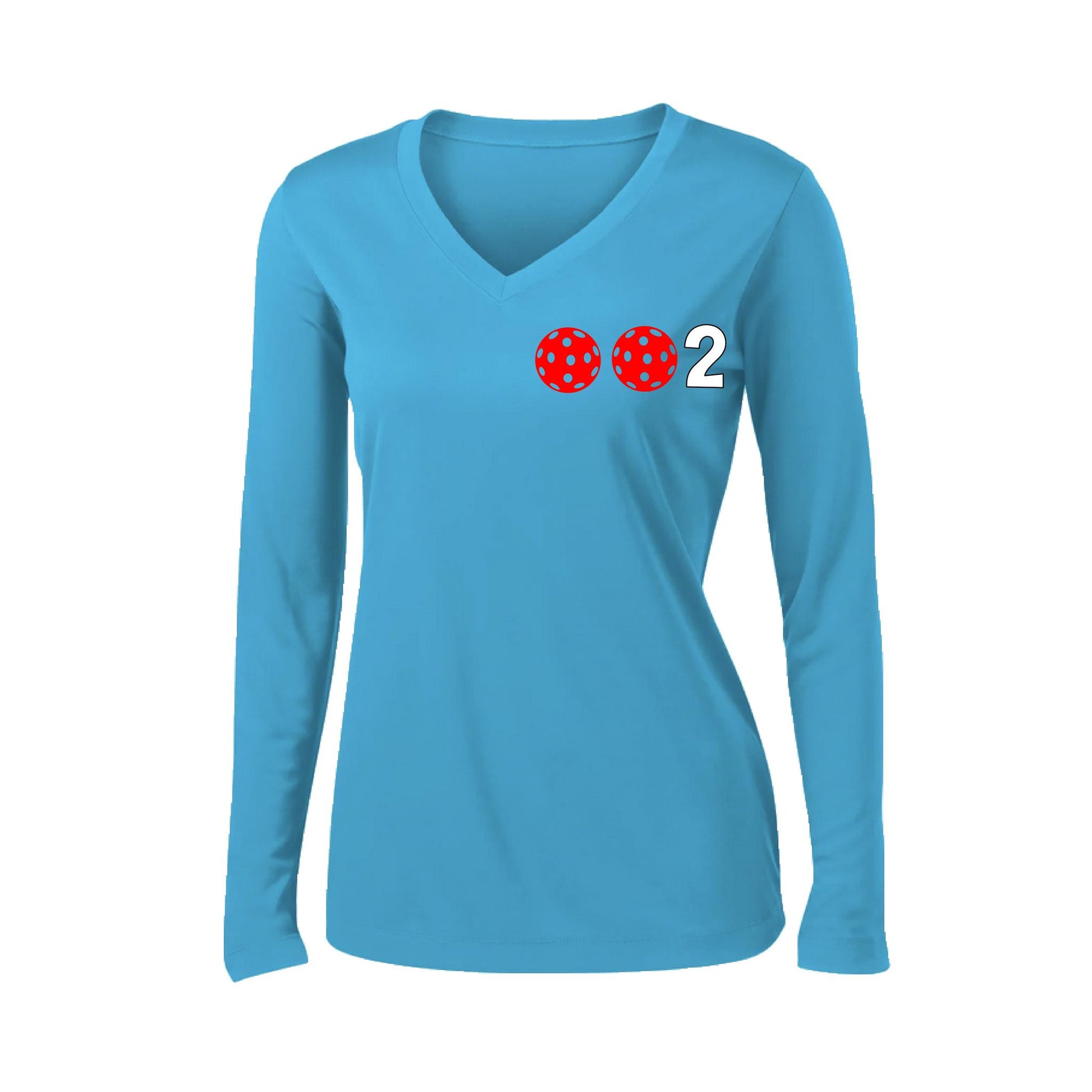 002 With Pickleballs (Colors Green Orange Red) Customizable | Women's Long Sleeve V-Neck Pickleball Performance T-Shirts | 100% Polyester