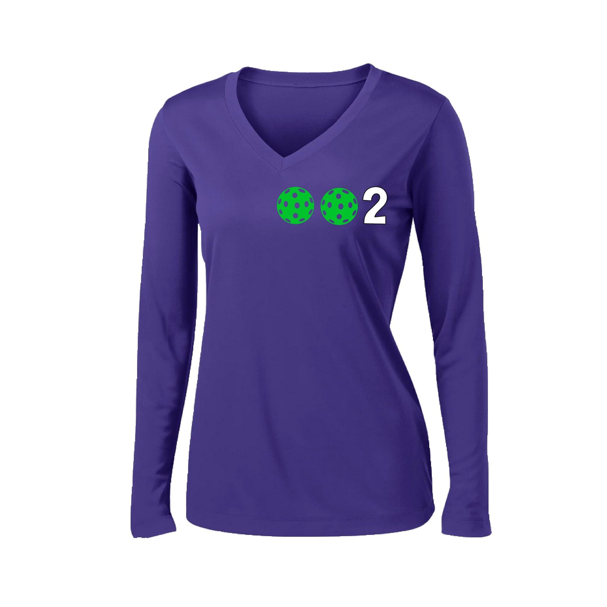 002 With Pickleballs (Colors Green Orange Red) Customizable | Women's Long Sleeve V-Neck Pickleball Performance T-Shirts | 100% Polyester
