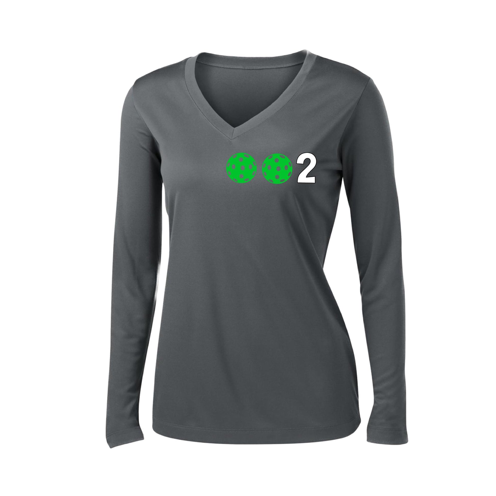 002 With Pickleballs (Colors Green Orange Red) Customizable | Women's Long Sleeve V-Neck Pickleball Performance T-Shirts | 100% Polyester