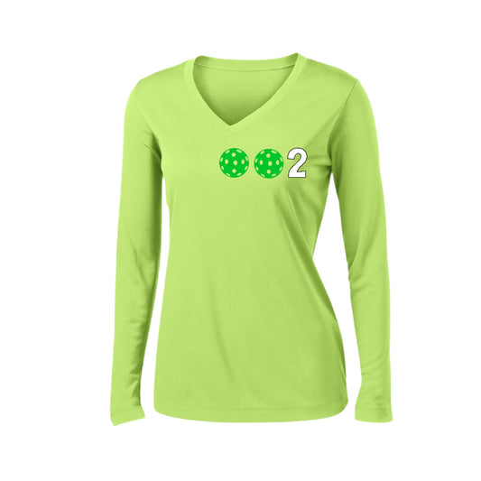 002 With Pickleballs (Colors Green Orange Red) Customizable | Women's Long Sleeve V-Neck Pickleball Performance T-Shirts | 100% Polyester
