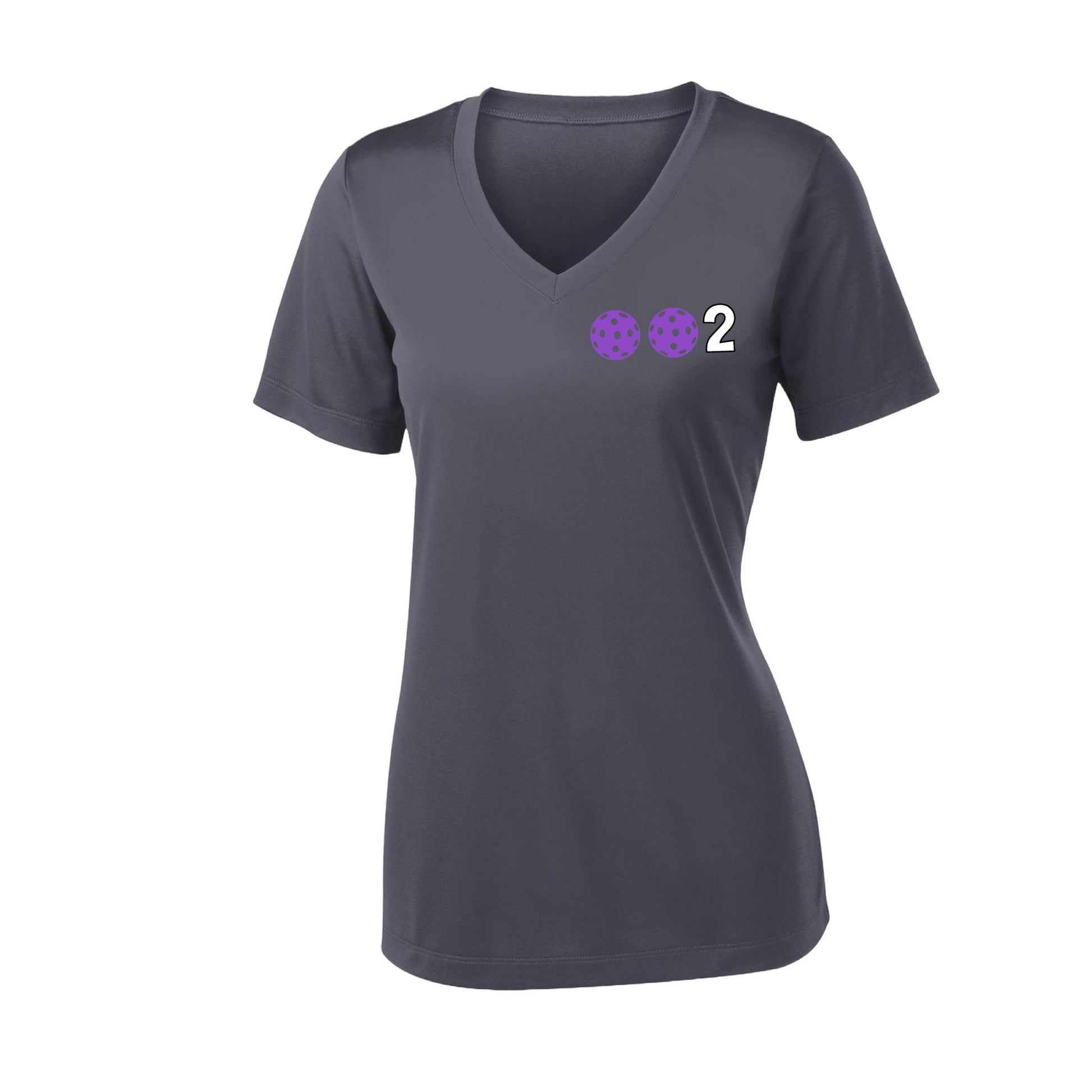 002 With Pickleballs (Colors Purple Green Orange) Customizable | Women's Short Sleeve V-Neck Pickleball Performance T-Shirts | 100% Polyester