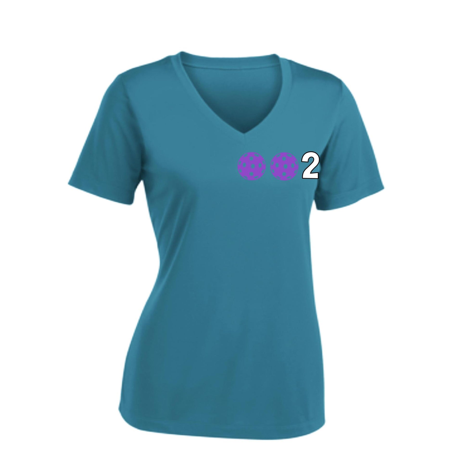 002 With Pickleballs (Colors Purple Green Orange) Customizable | Women's Short Sleeve V-Neck Pickleball Performance T-Shirts | 100% Polyester