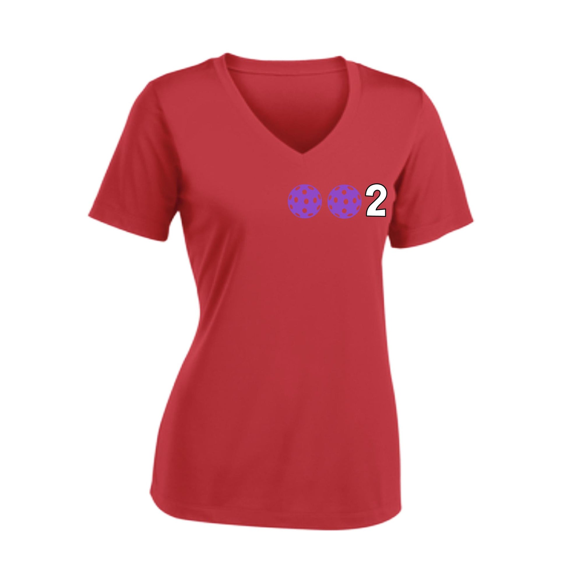 002 With Pickleballs (Colors Purple Green Orange) Customizable | Women's Short Sleeve V-Neck Pickleball Performance T-Shirts | 100% Polyester