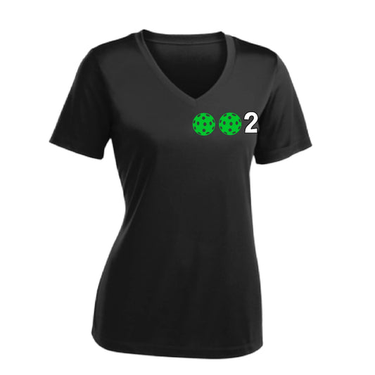 002 With Pickleballs (Colors Purple Green Orange) Customizable | Women's Short Sleeve V-Neck Pickleball Performance T-Shirts | 100% Polyester