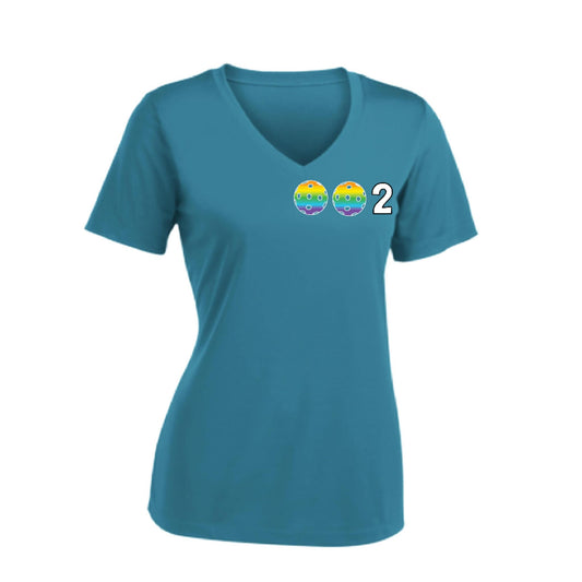 002 With Pickleballs (Colors Rainbow Red Cyan) Customizable | Women's Short Sleeve V-Neck Pickleball Performance T-Shirts | 100% Polyester