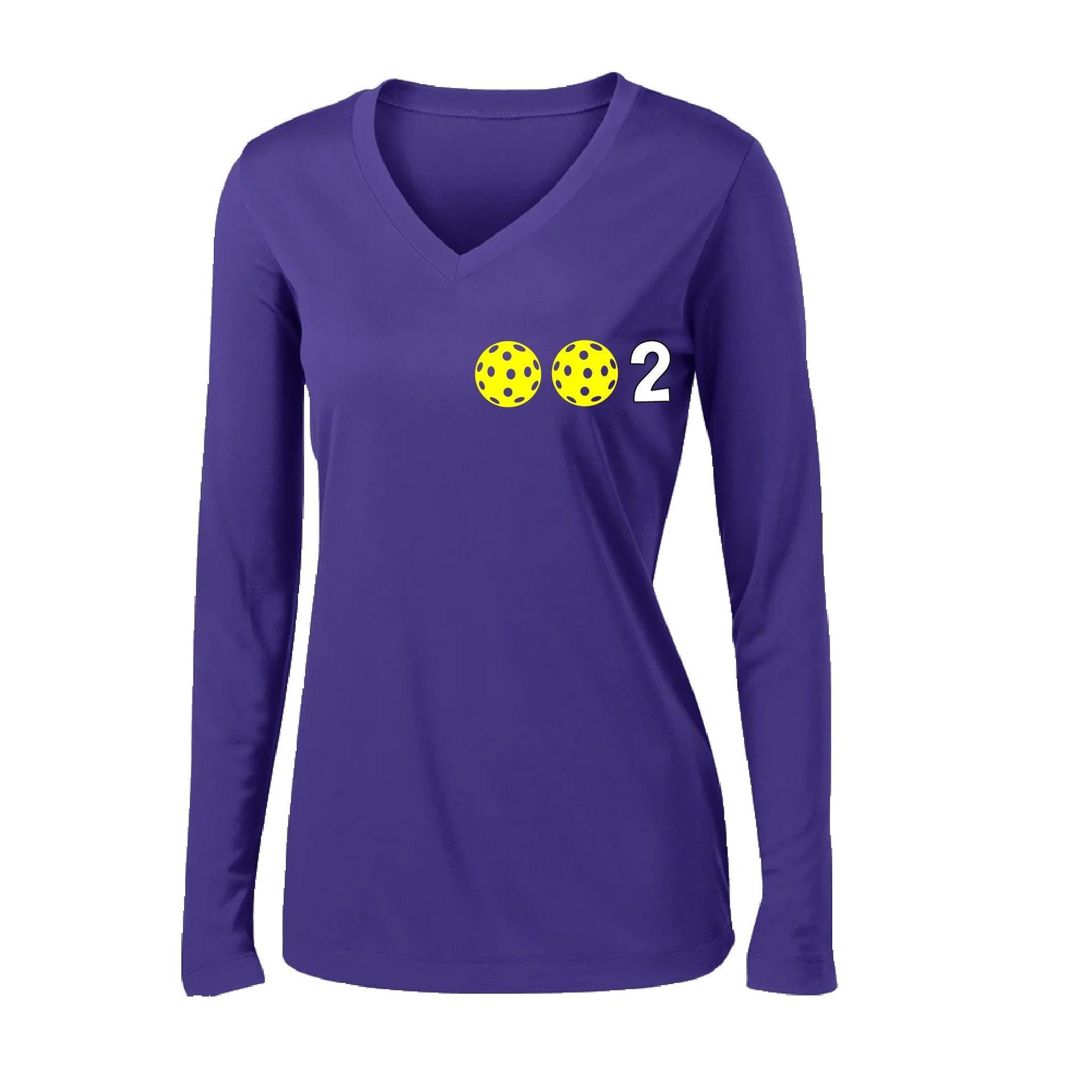002 With Pickleballs (Colors Yellow Pink White) Customizable | Women's Long Sleeve V-Neck Pickleball Performance T-Shirts | 100% Polyester