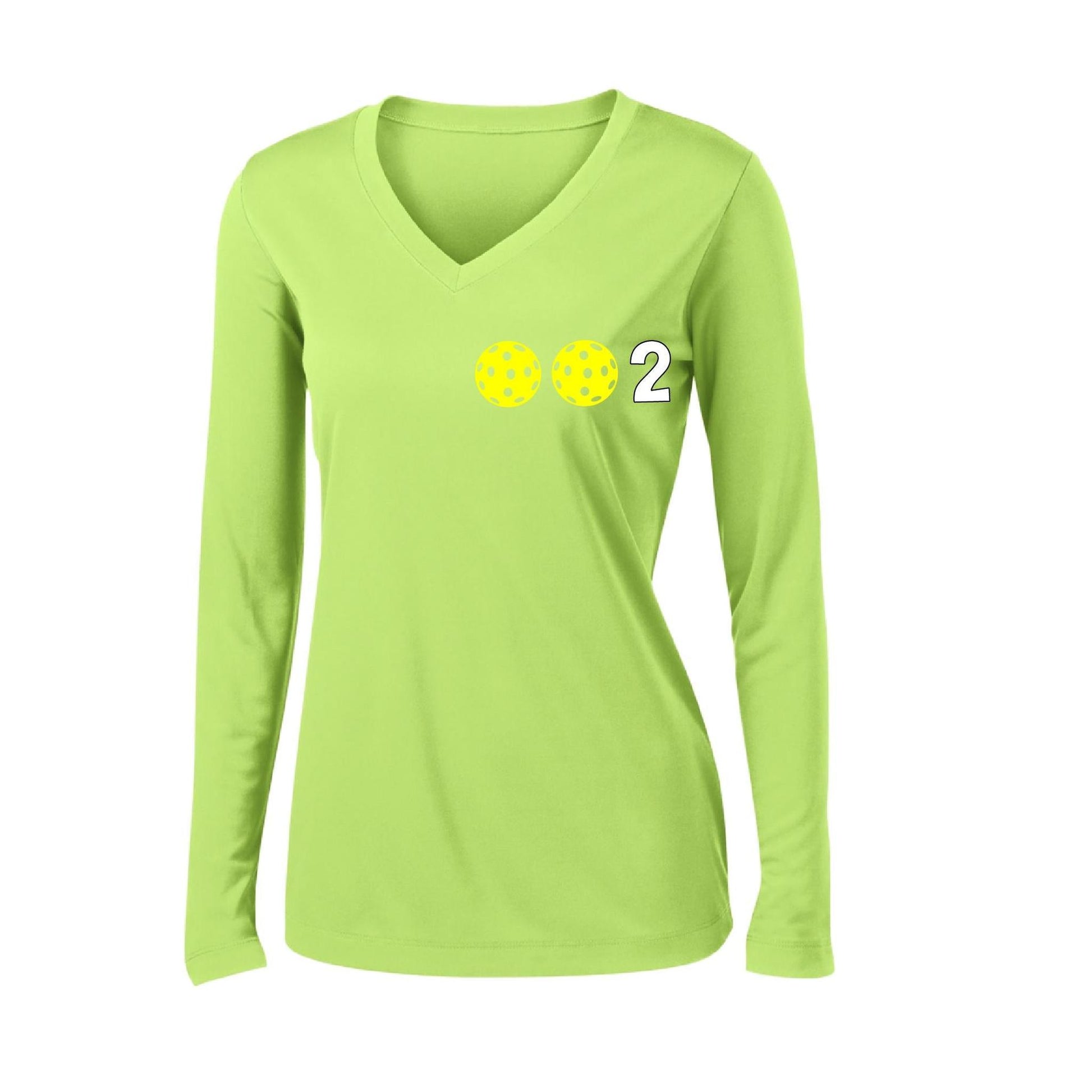 002 With Pickleballs (Colors Yellow Pink White) Customizable | Women's Long Sleeve V-Neck Pickleball Performance T-Shirts | 100% Polyester
