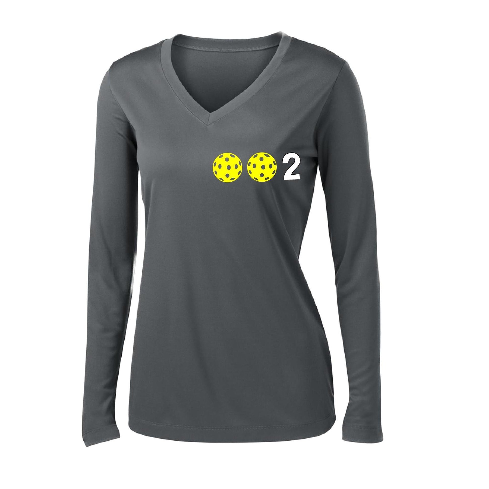 002 With Pickleballs (Colors Yellow Pink White) Customizable | Women's Long Sleeve V-Neck Pickleball Performance T-Shirts | 100% Polyester